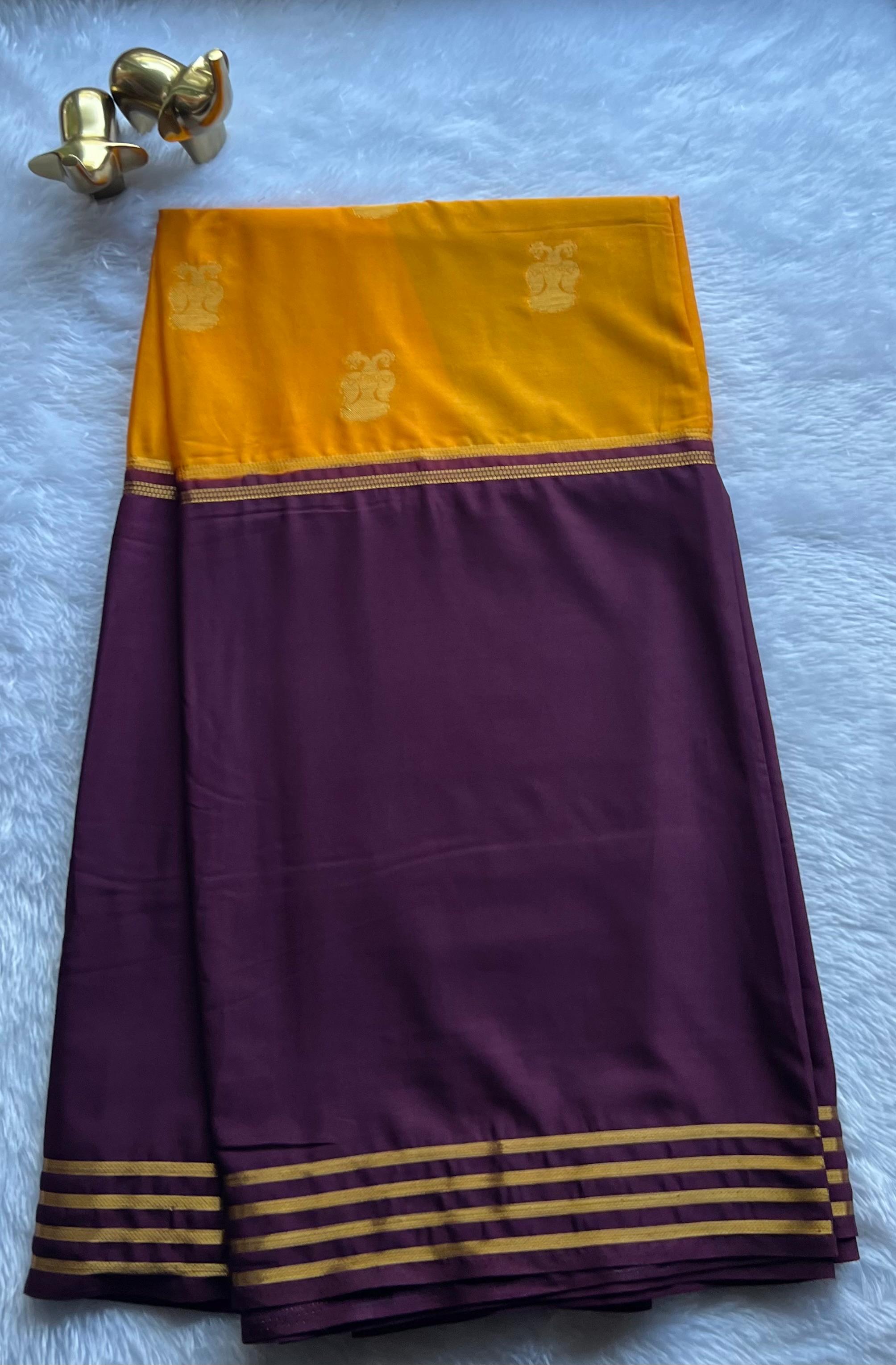 Semi Mysore Silk Royal Gandaberuda With Double Colour Striped Border , Washable