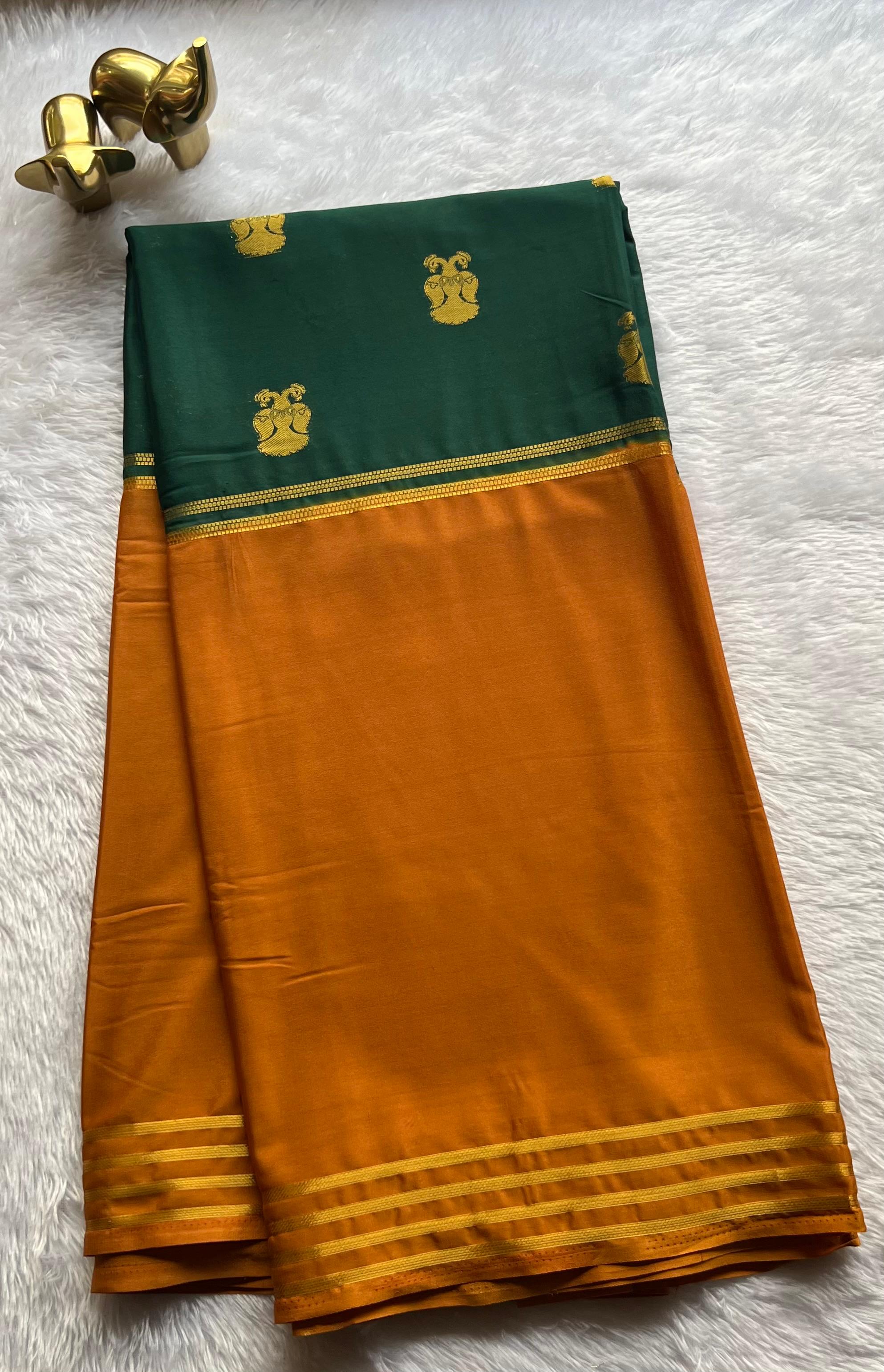 Semi Mysore Silk Royal Gandaberuda With Double Colour Striped Border , Washable