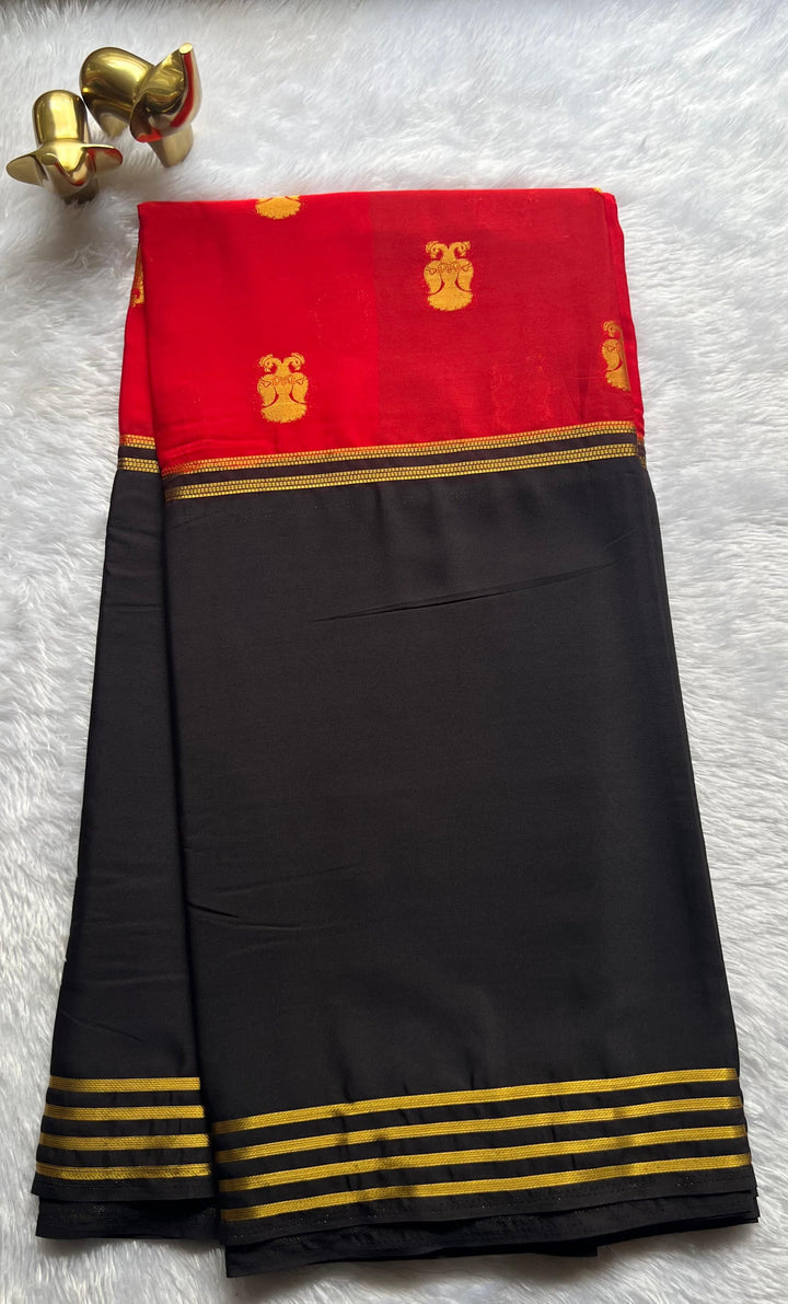 Semi Mysore Silk Royal Gandaberuda With Double Colour Striped Border , Washable