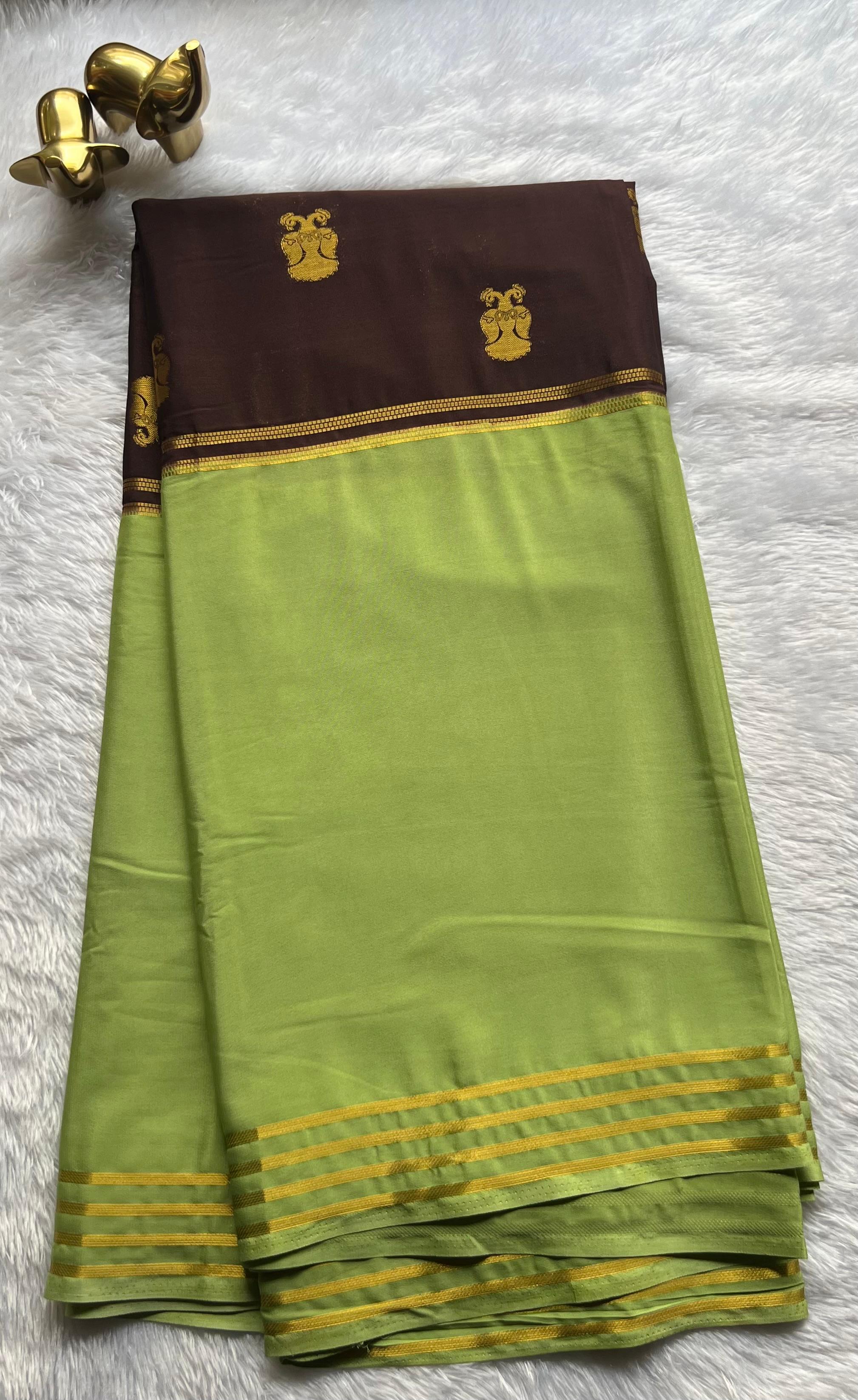 Semi Mysore Silk Royal Gandaberuda With Double Colour Striped Border , Washable