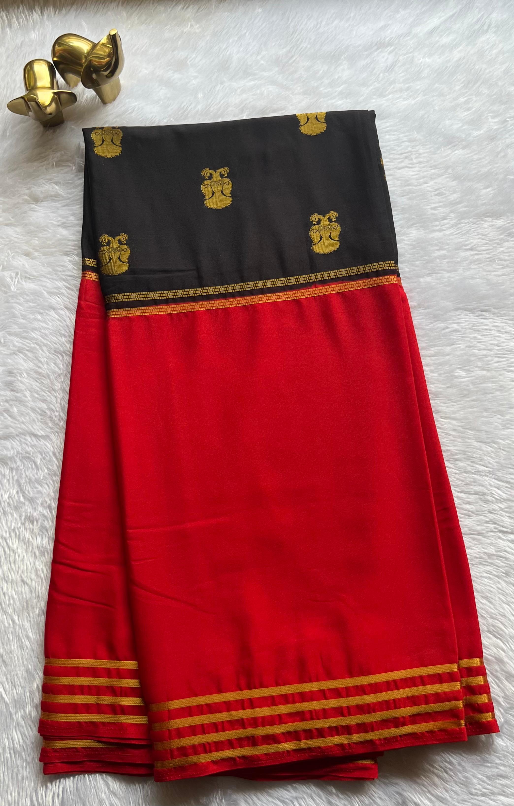 Semi Mysore Silk Royal Gandaberuda With Double Colour Striped Border , Washable