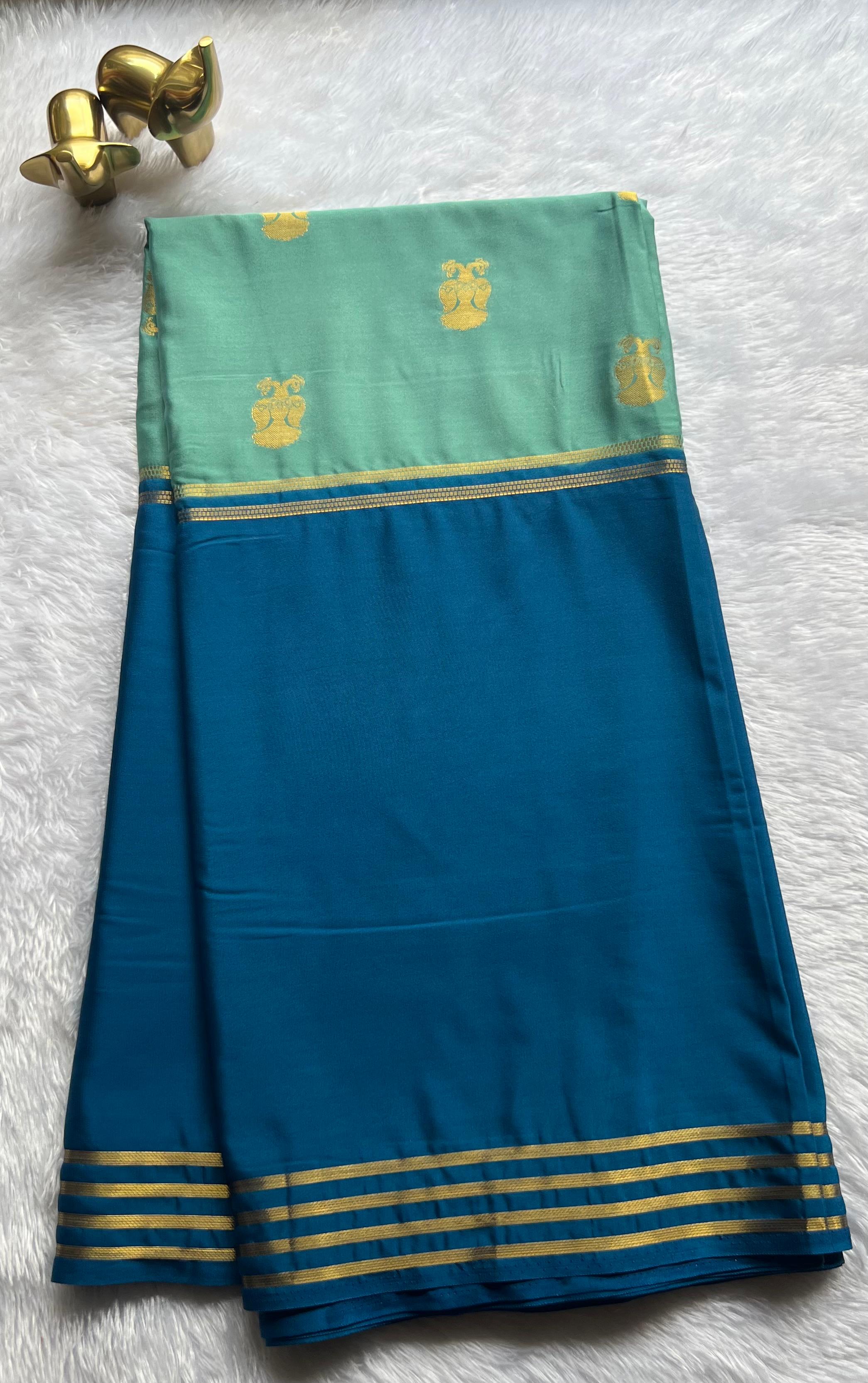 Semi Mysore Silk Royal Gandaberuda With Double Colour Striped Border , Washable