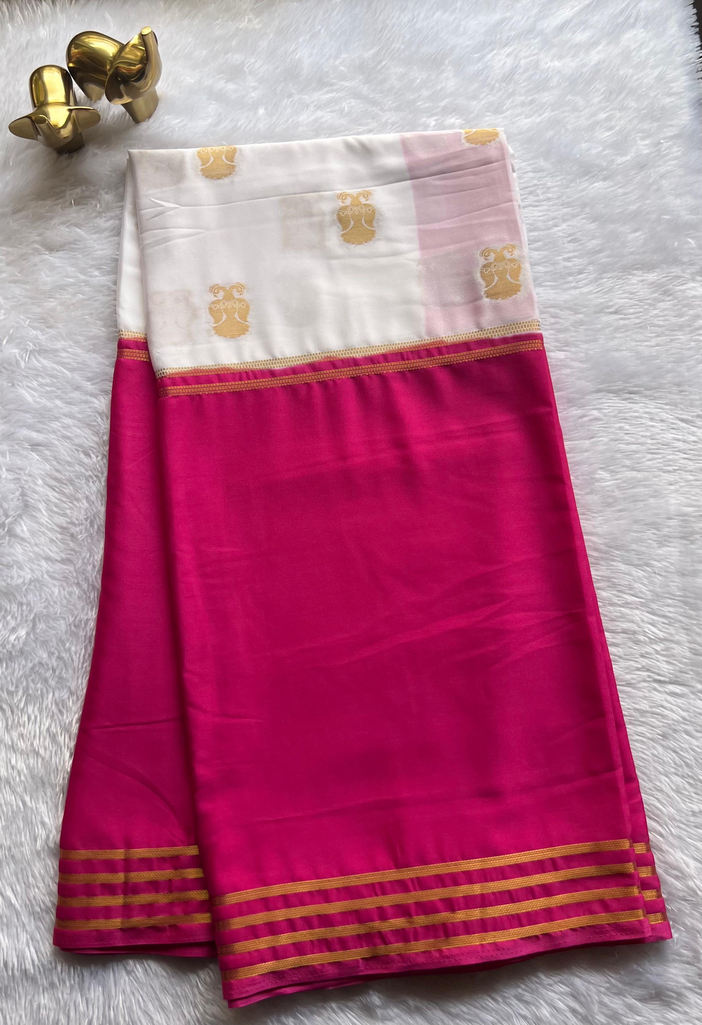 Semi Mysore Silk Royal Gandaberuda With Double Colour Striped Border , Washable