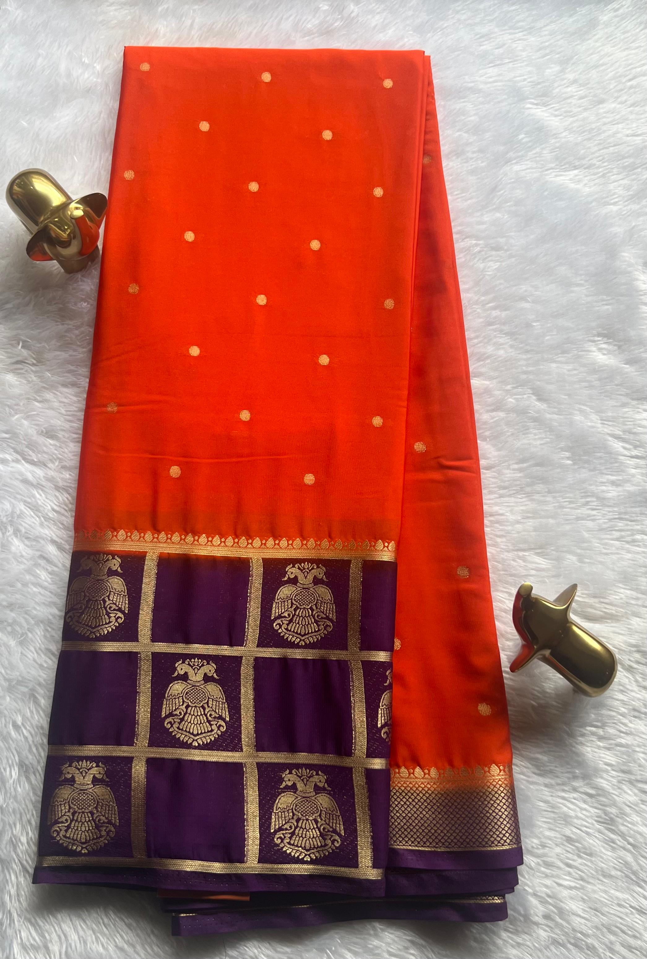 Semi Mysore Silk Small Butta and Big Checks With Gandaberuda Border,Washable
