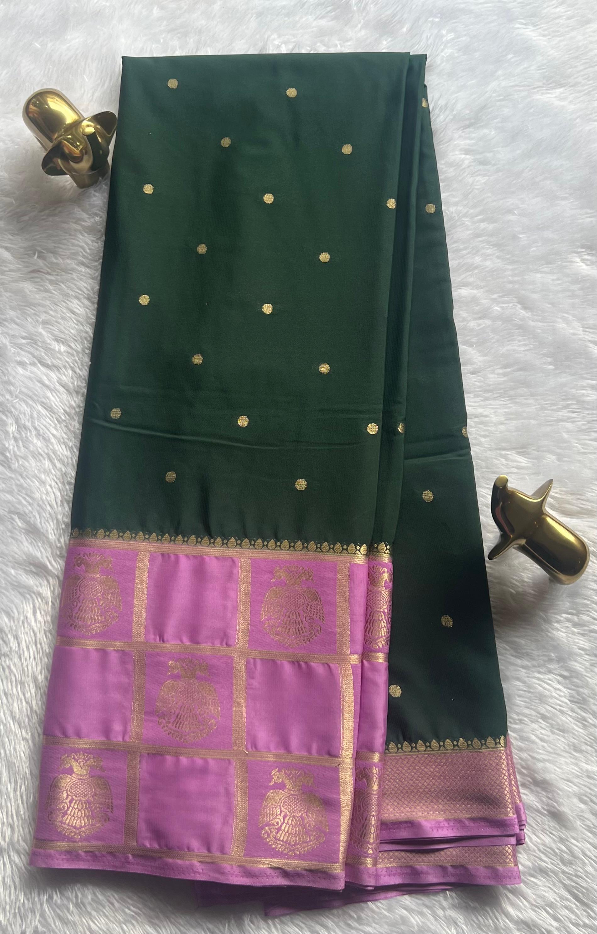 Semi Mysore Silk Small Butta and Big Checks With Gandaberuda Border,Washable