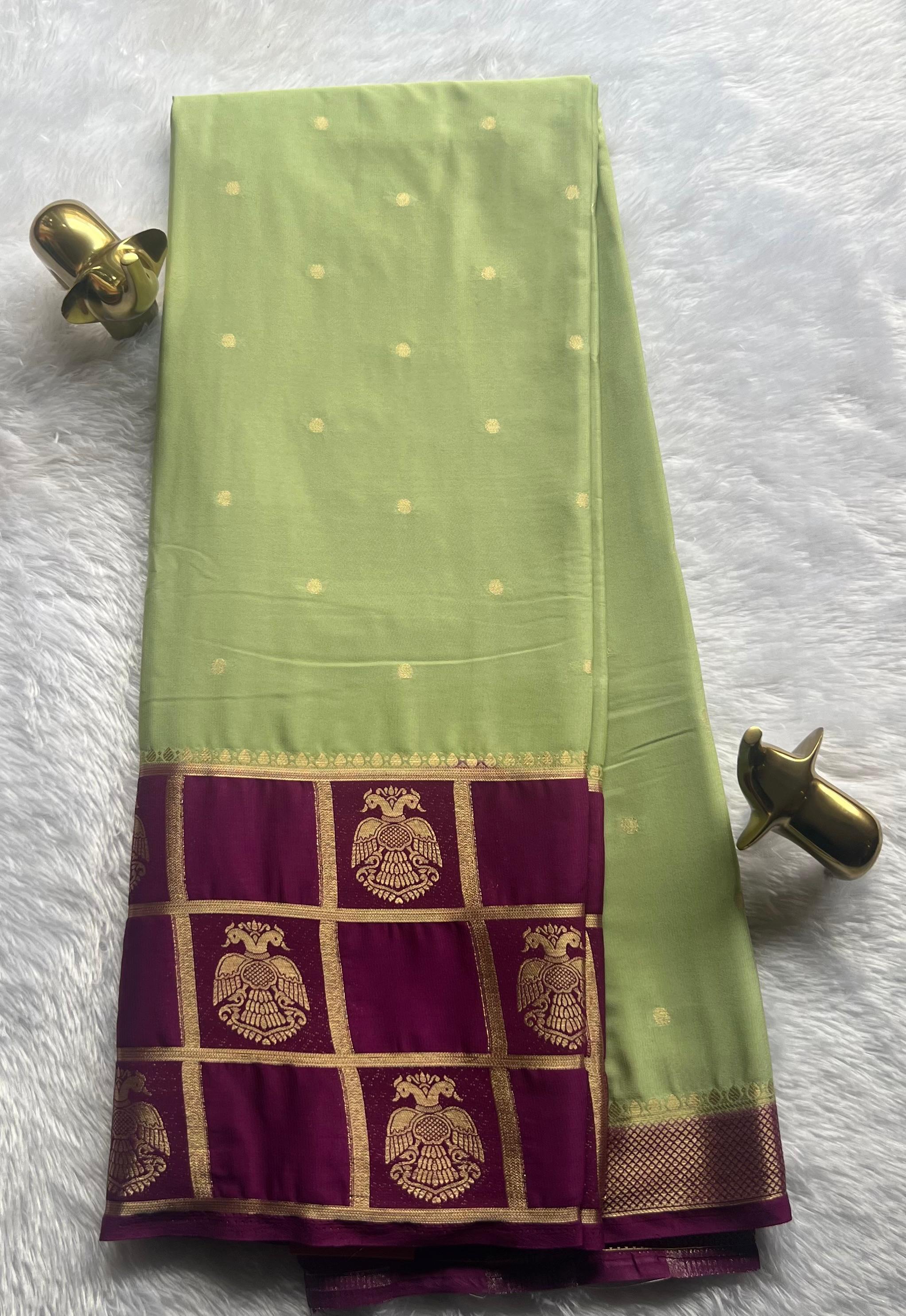 Semi Mysore Silk Small Butta and Big Checks With Gandaberuda Border,Washable