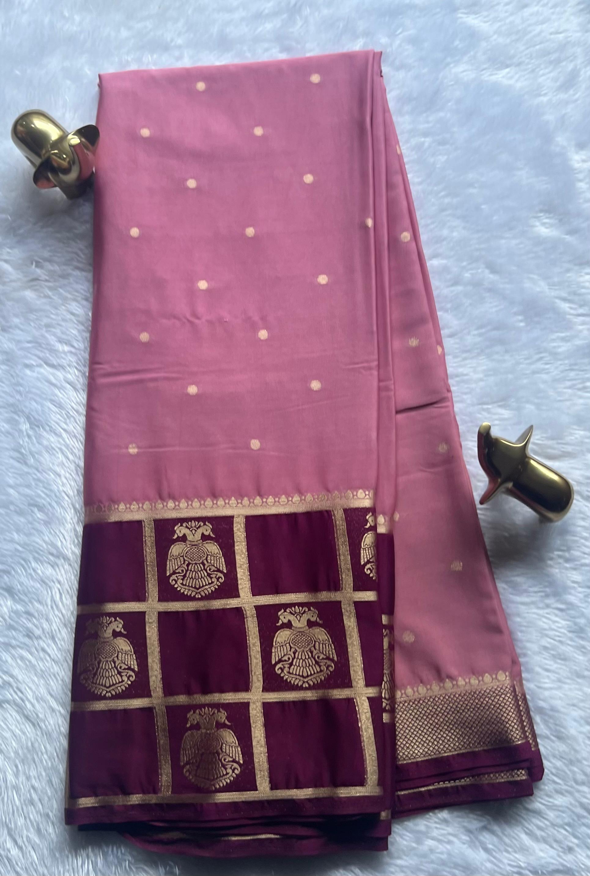 Semi Mysore Silk Small Butta and Big Checks With Gandaberuda Border,Washable