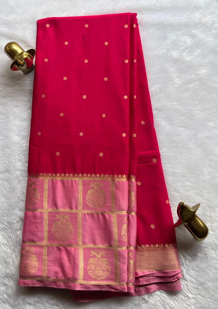 Semi Mysore Silk Small Butta and Big Checks With Gandaberuda Border,Washable