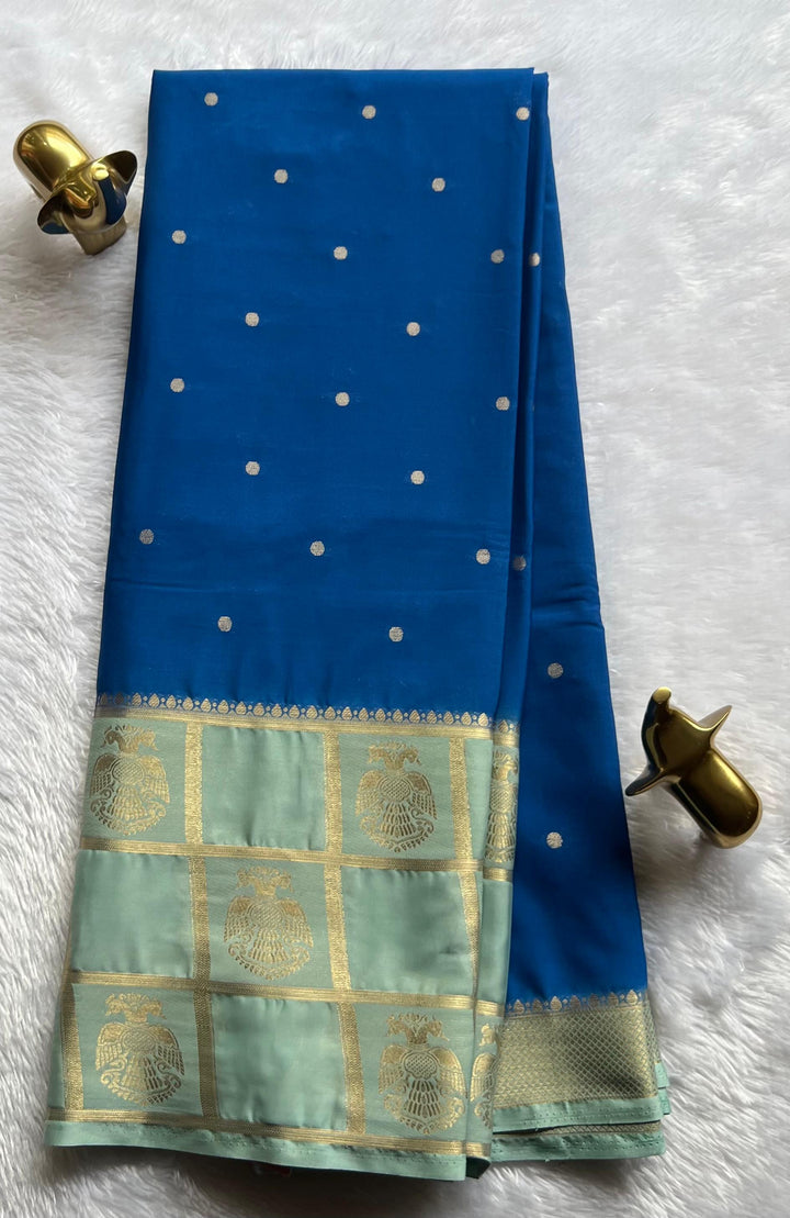 Semi Mysore Silk Small Butta and Big Checks With Gandaberuda Border,Washable