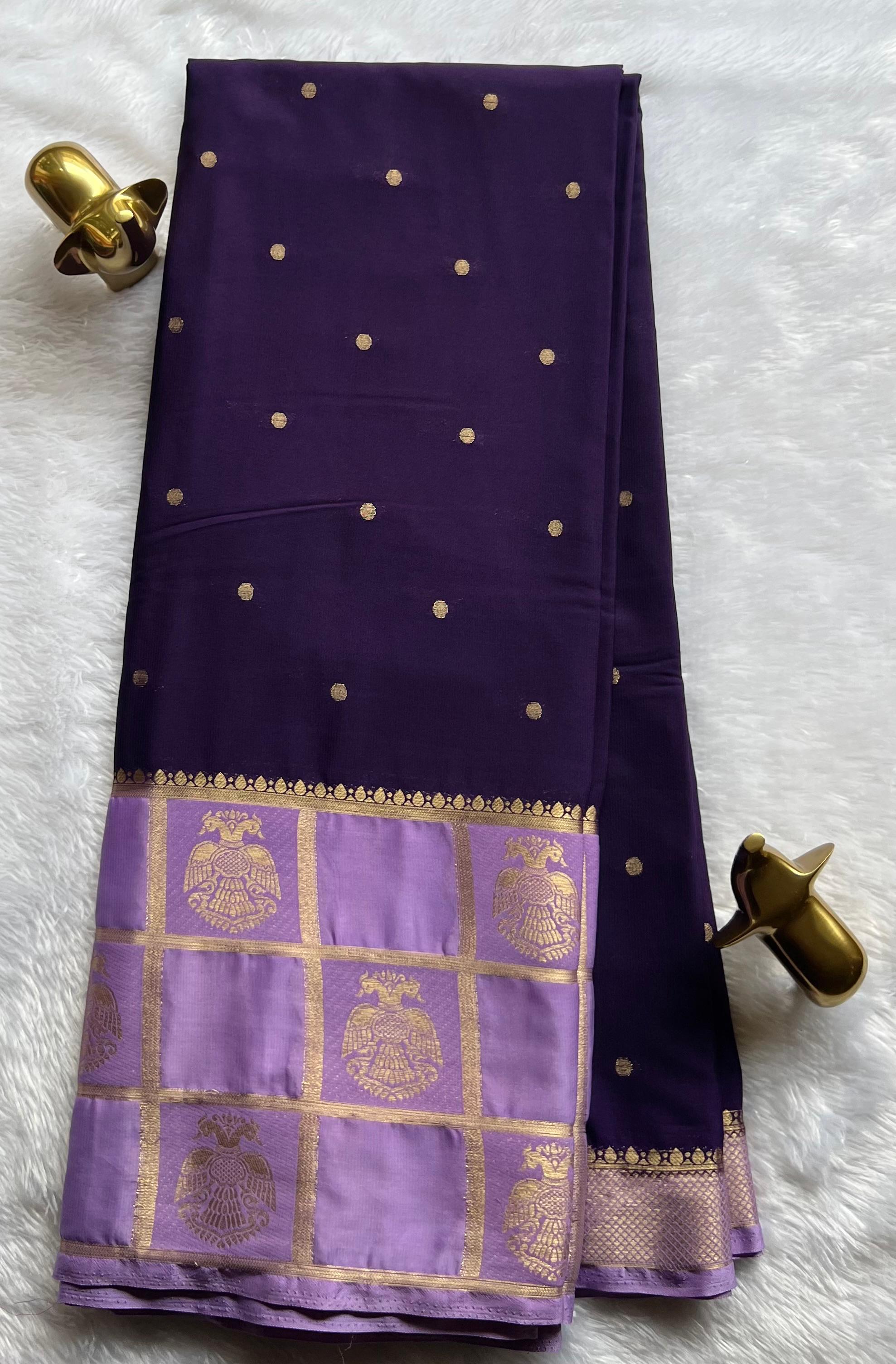 Semi Mysore Silk Small Butta and Big Checks With Gandaberuda Border,Washable