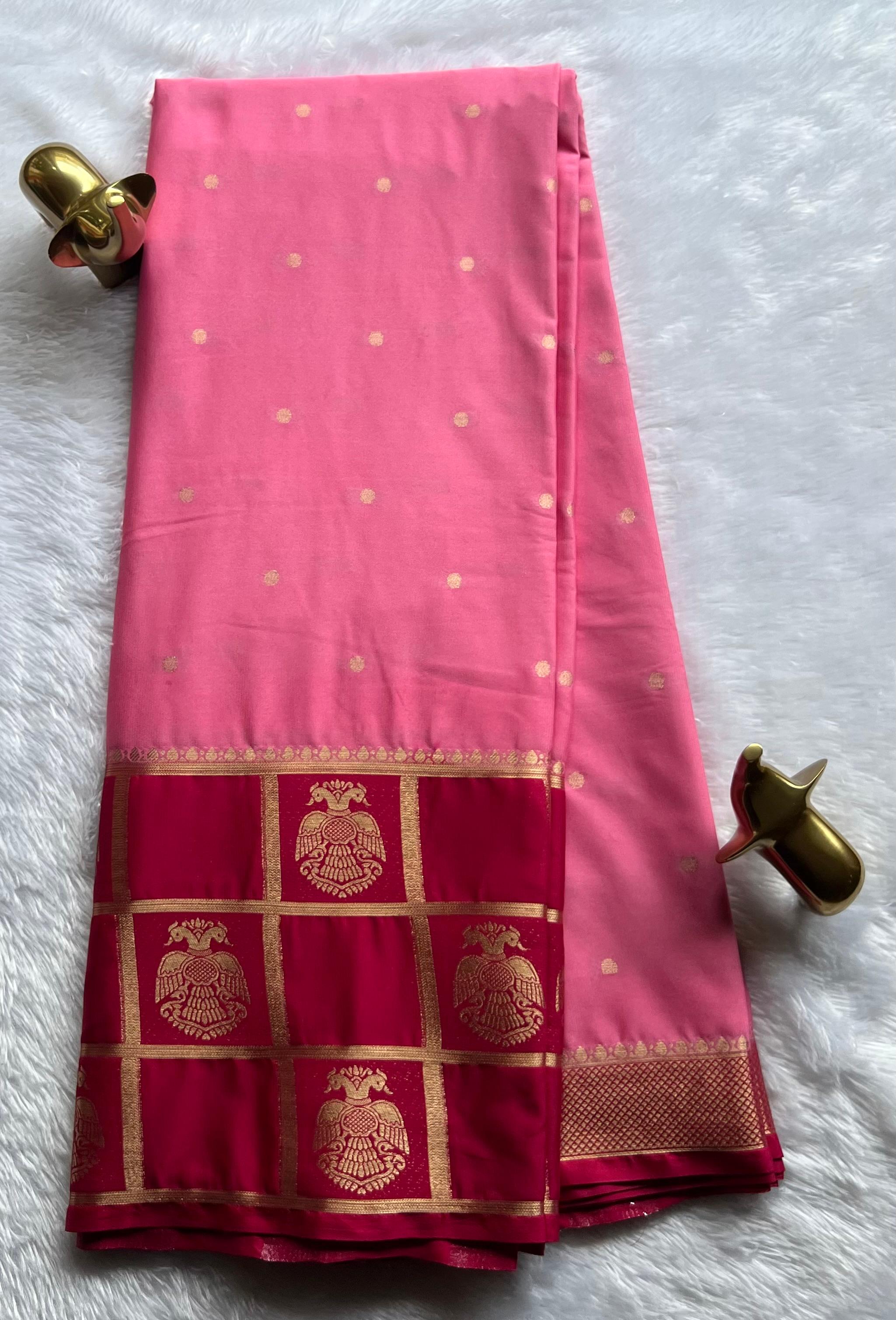 Semi Mysore Silk Small Butta and Big Checks With Gandaberuda Border,Washable
