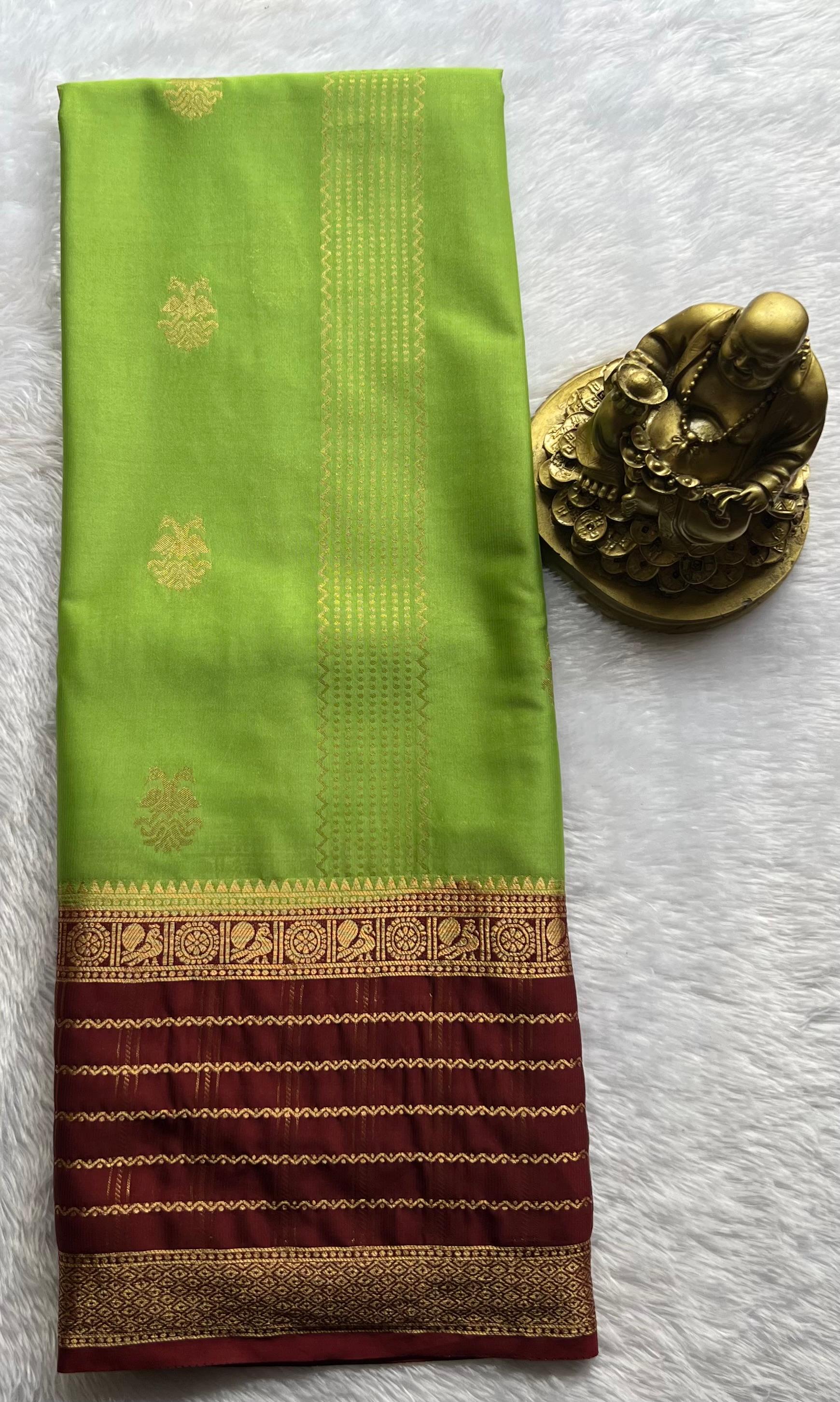 Semi Mysore Silk Double Pecock and Pecock Gold Zari Border, Washable