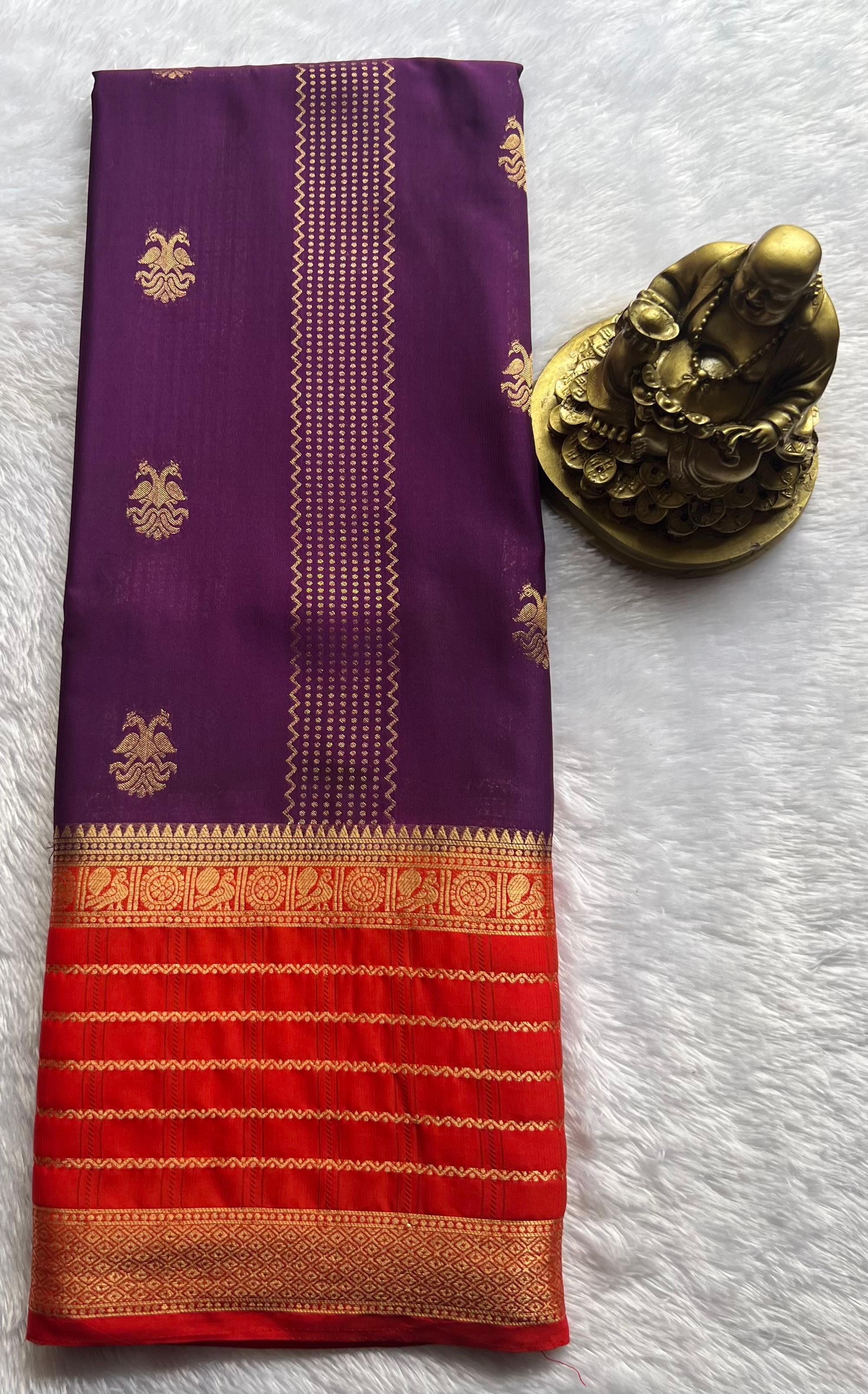 Semi Mysore Silk Double Pecock and Pecock Gold Zari Border, Washable