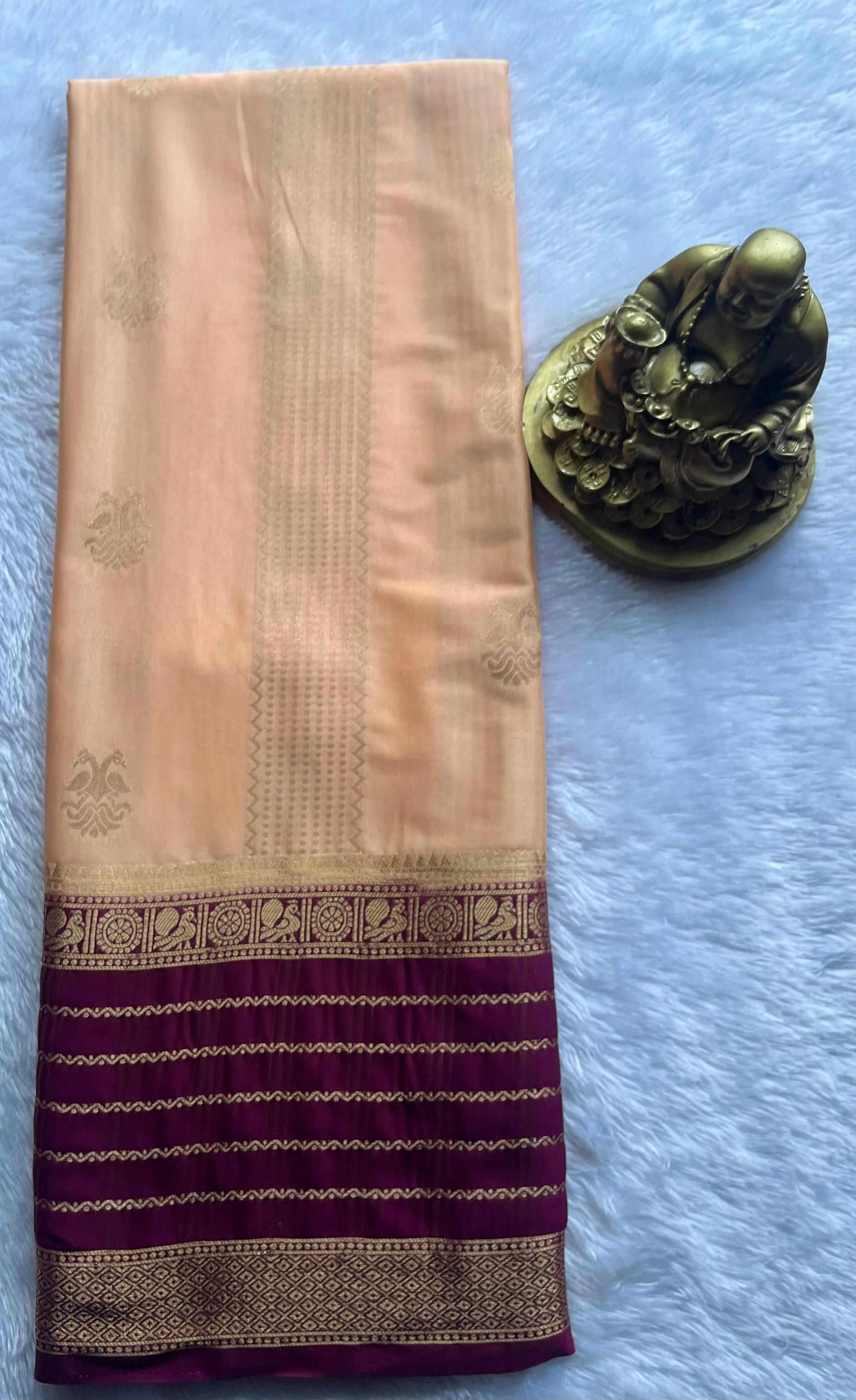 Semi Mysore Silk Double Pecock and Pecock Gold Zari Border, Washable
