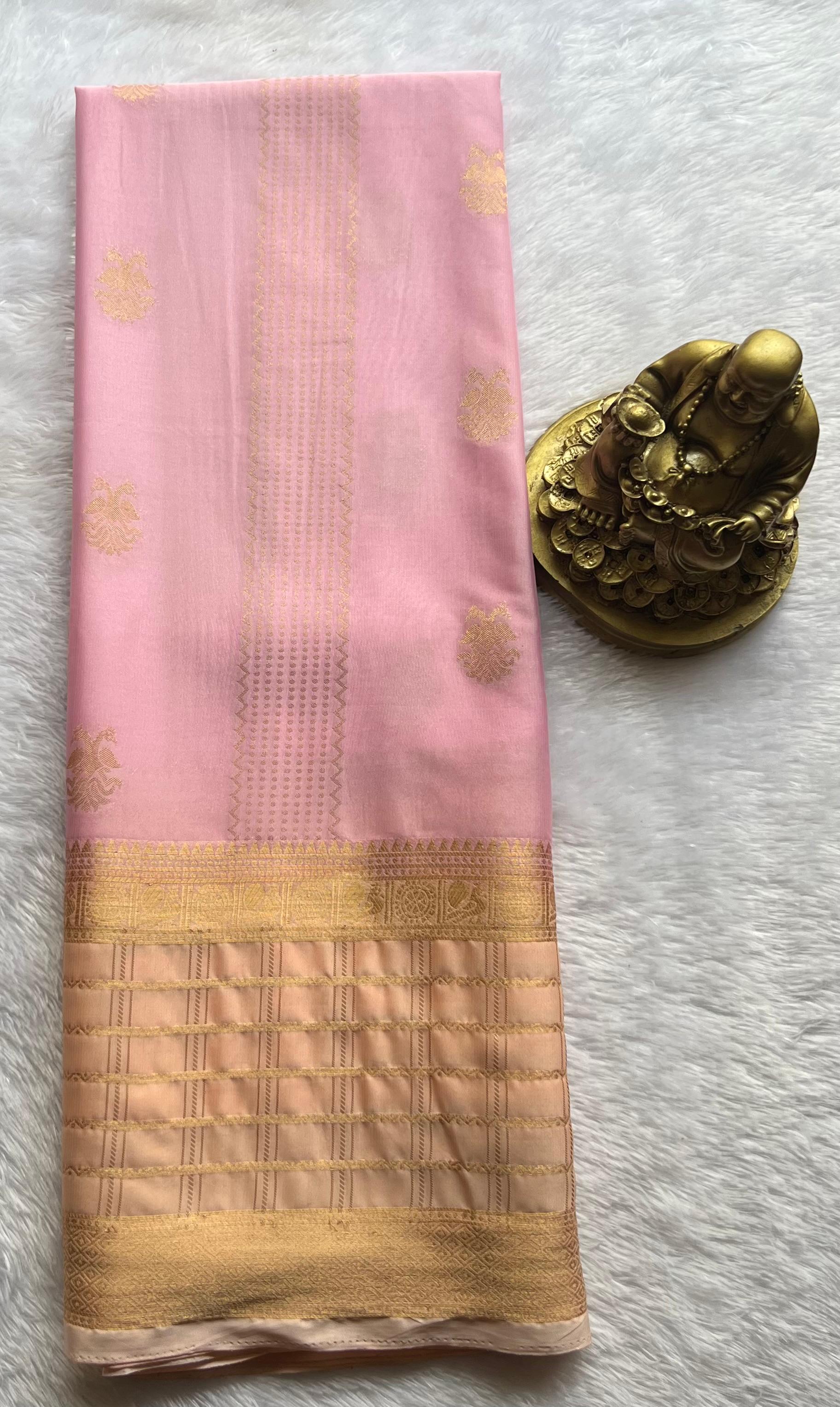 Semi Mysore Silk Double Pecock and Pecock Gold Zari Border, Washable