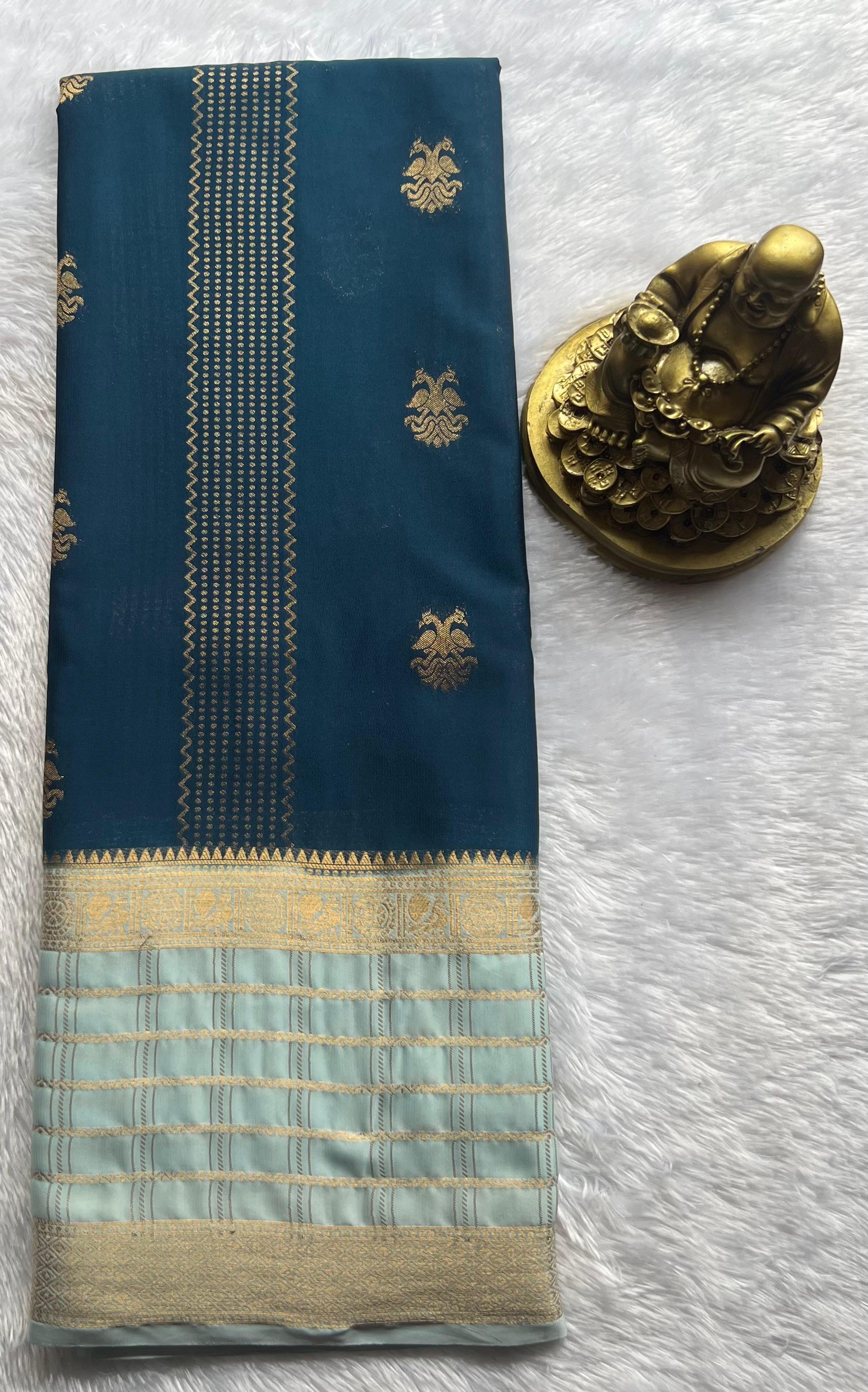 Semi Mysore Silk Double Pecock and Pecock Gold Zari Border, Washable