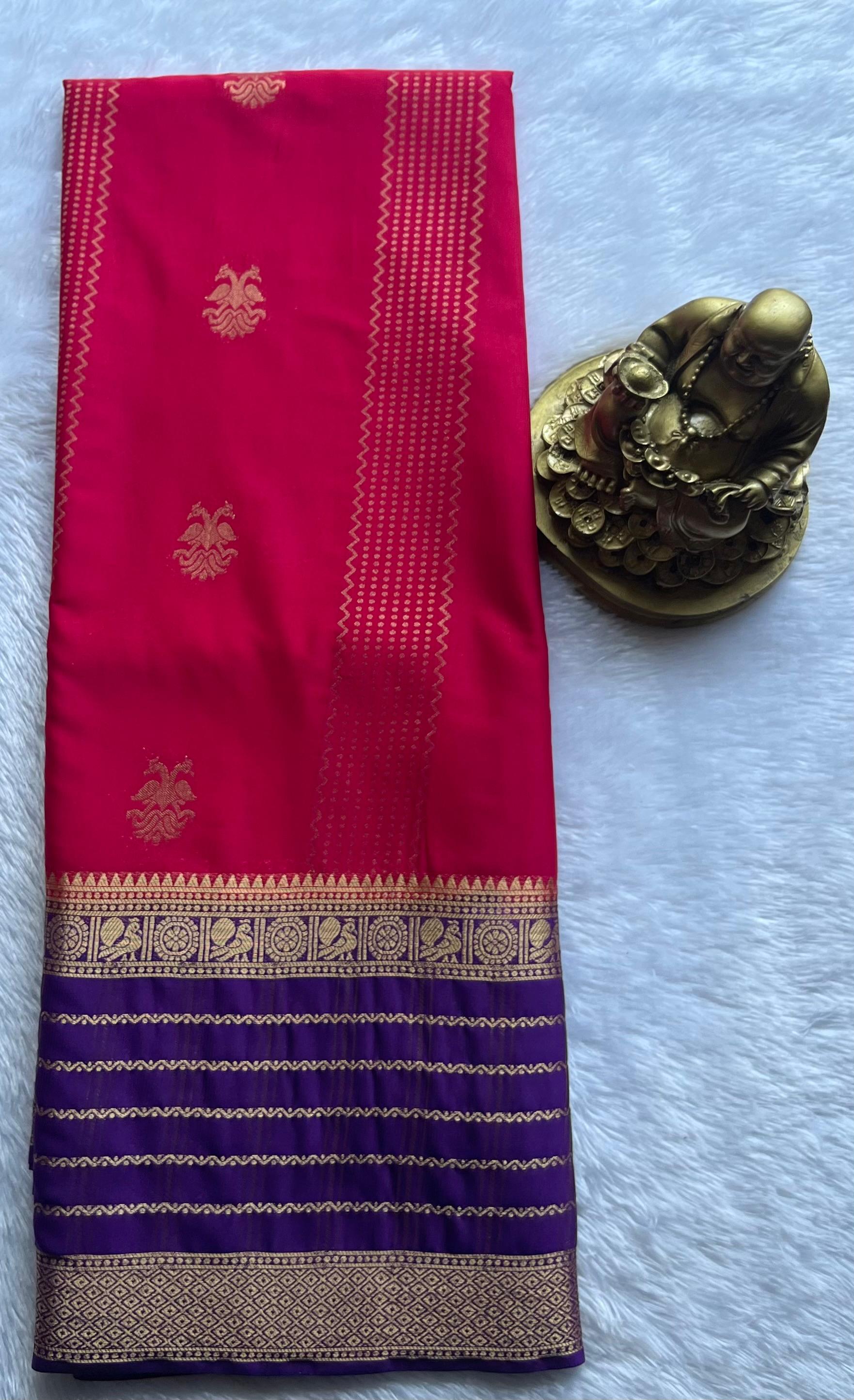 Semi Mysore Silk Double Pecock and Pecock Gold Zari Border, Washable