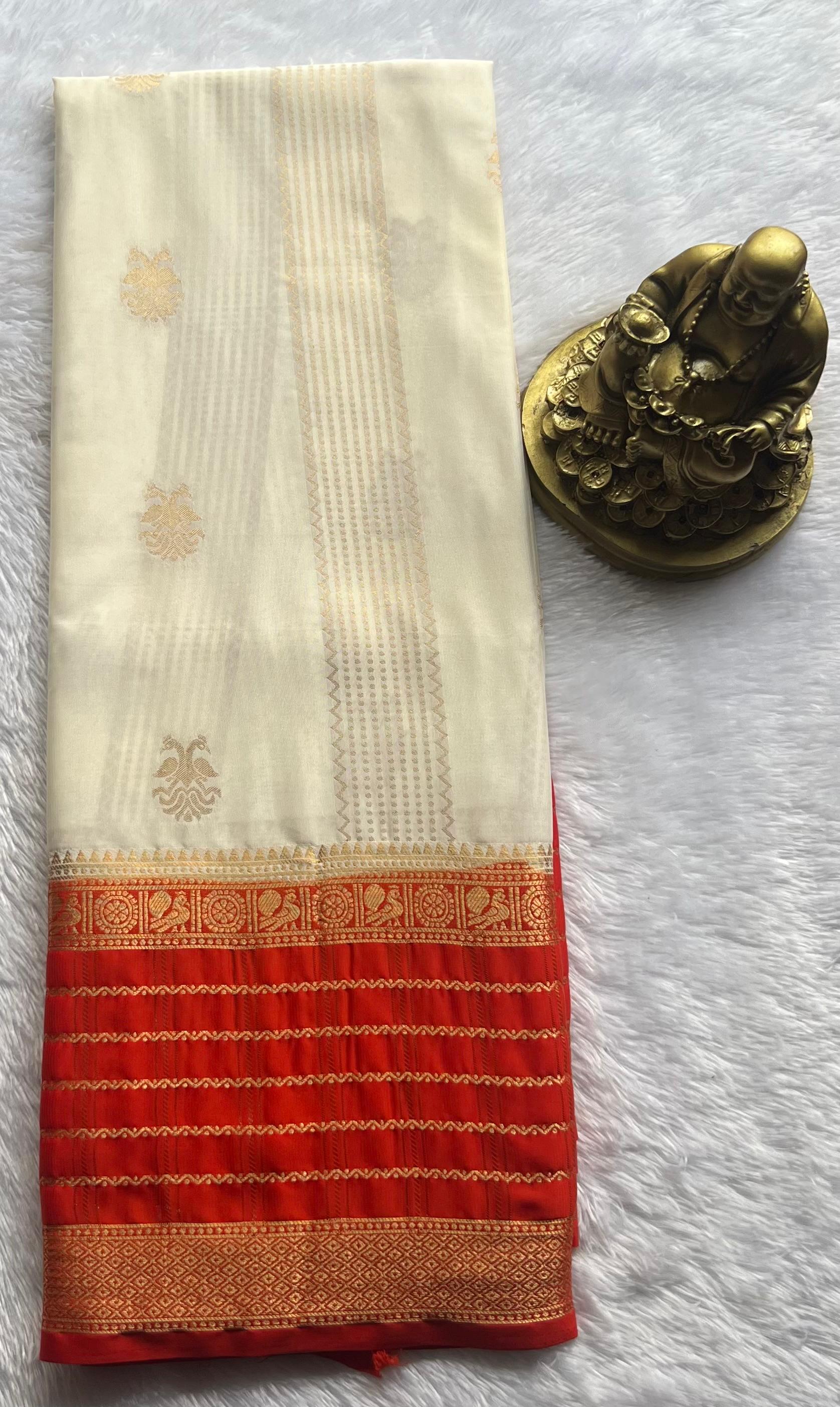 Semi Mysore Silk Double Pecock and Pecock Gold Zari Border, Washable