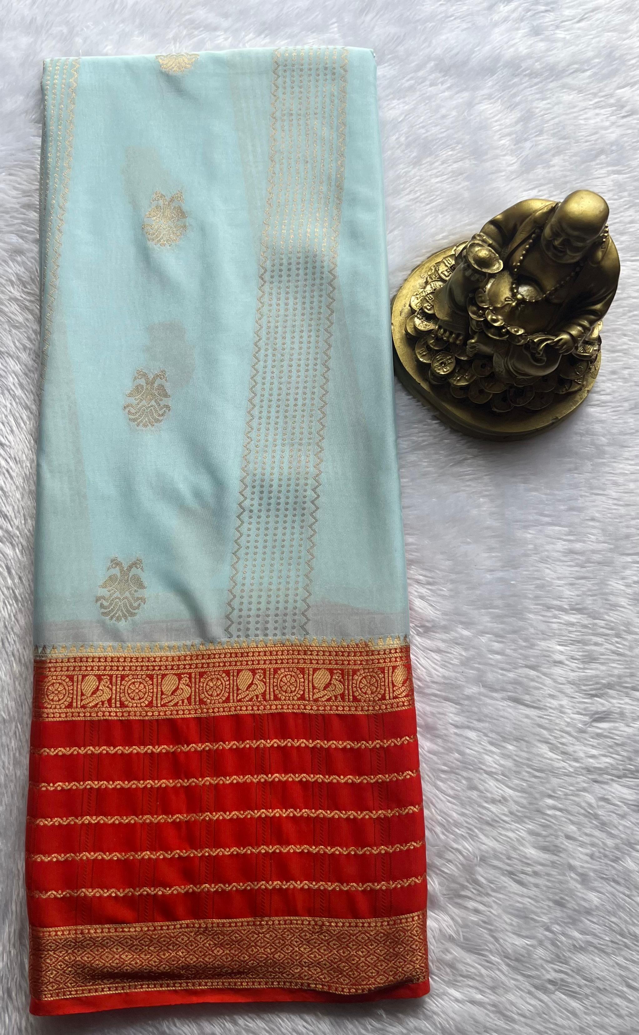 Semi Mysore Silk Double Pecock and Pecock Gold Zari Border, Washable