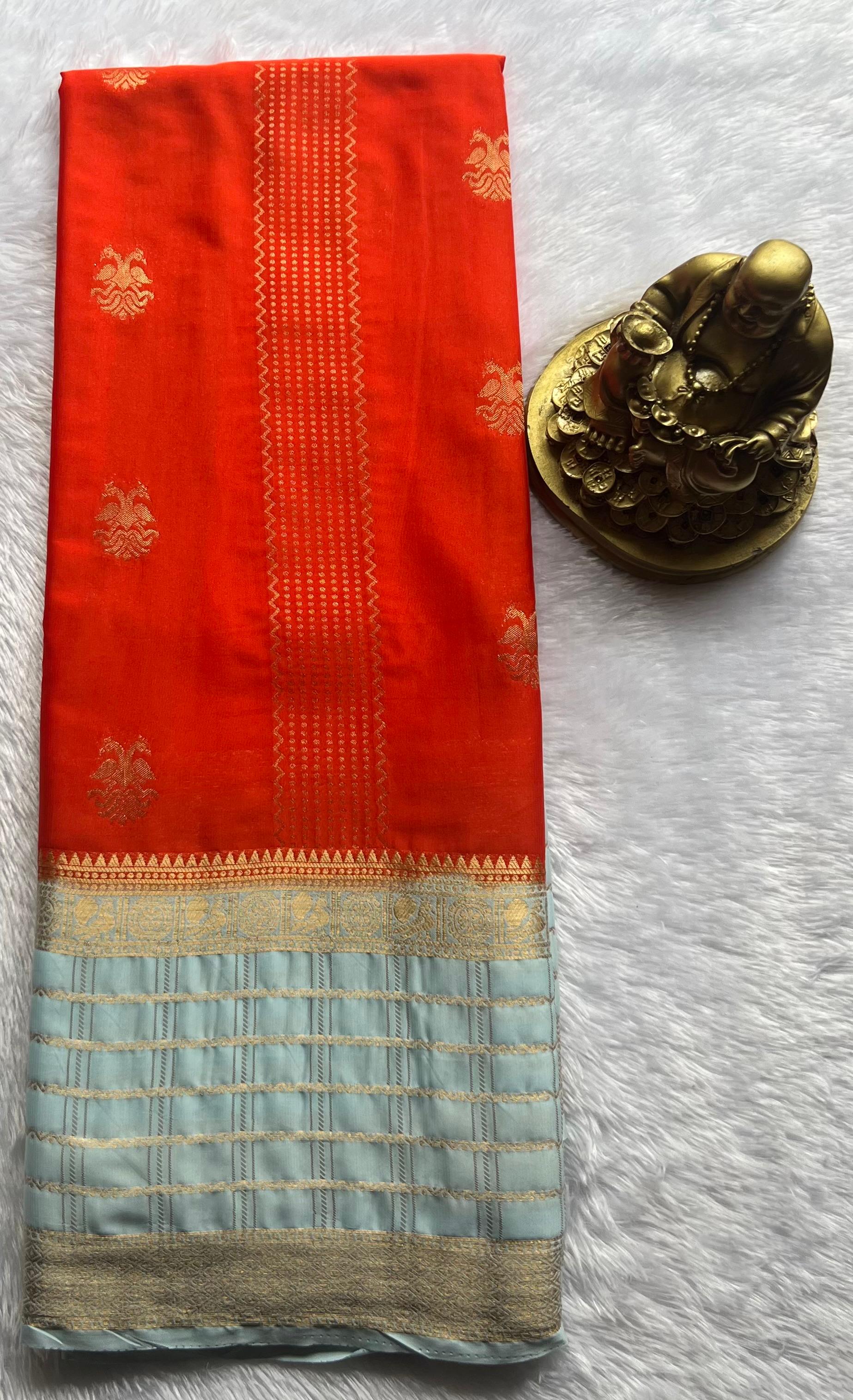 Semi Mysore Silk Double Pecock and Pecock Gold Zari Border, Washable