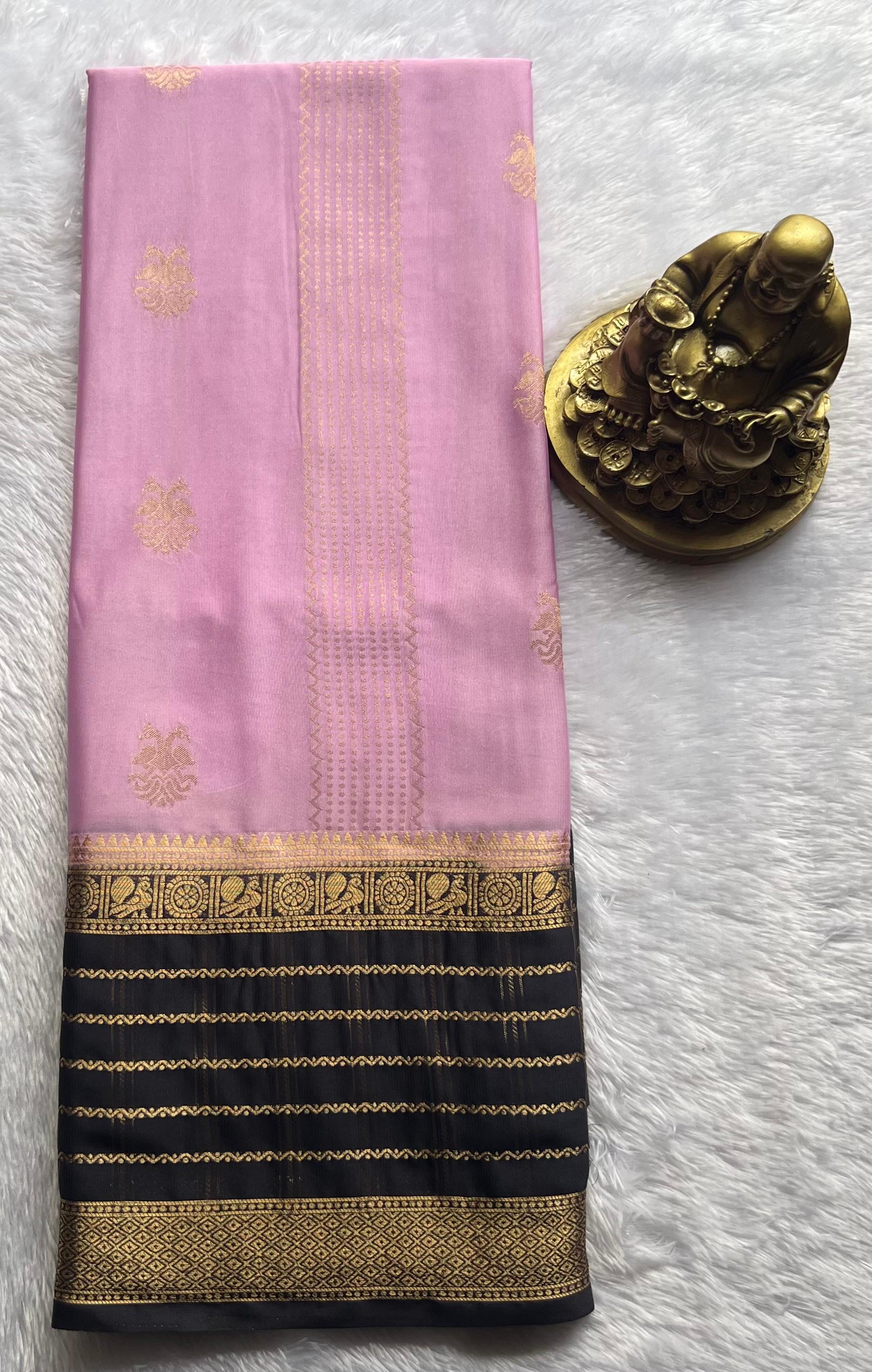 Semi Mysore Silk Double Pecock and Pecock Gold Zari Border, Washable