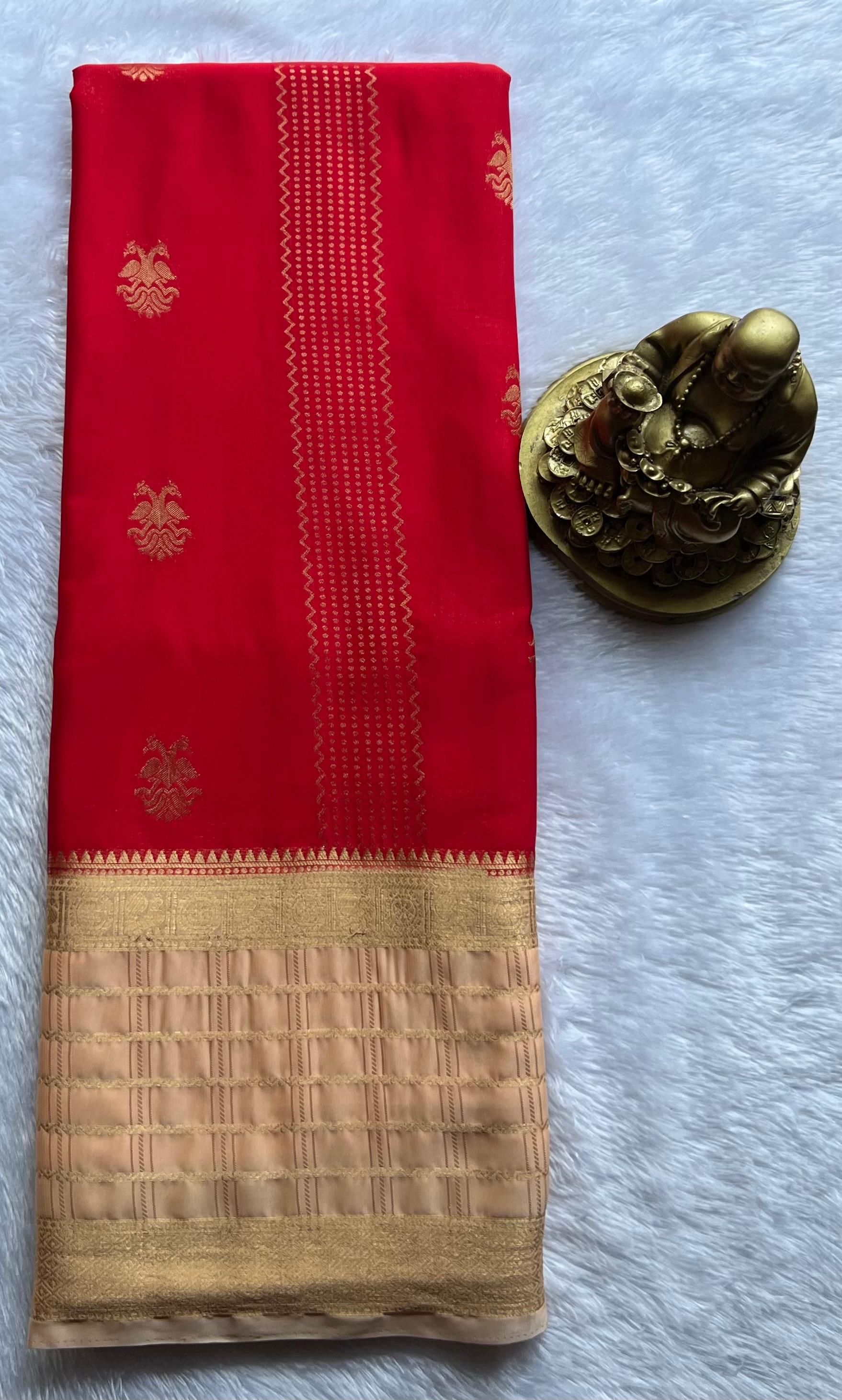 Semi Mysore Silk Double Pecock and Pecock Gold Zari Border, Washable