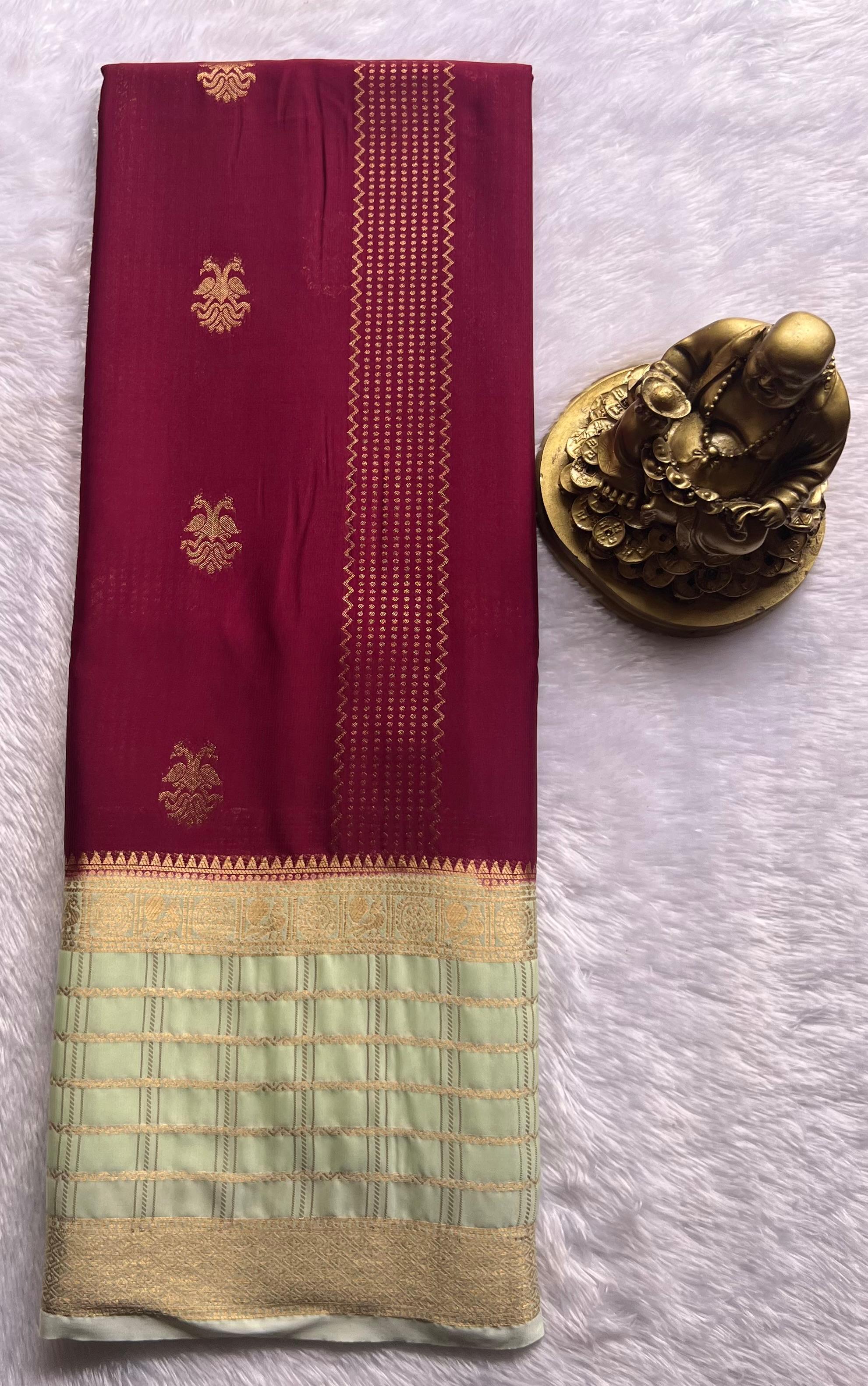 Semi Mysore Silk Double Pecock and Pecock Gold Zari Border, Washable