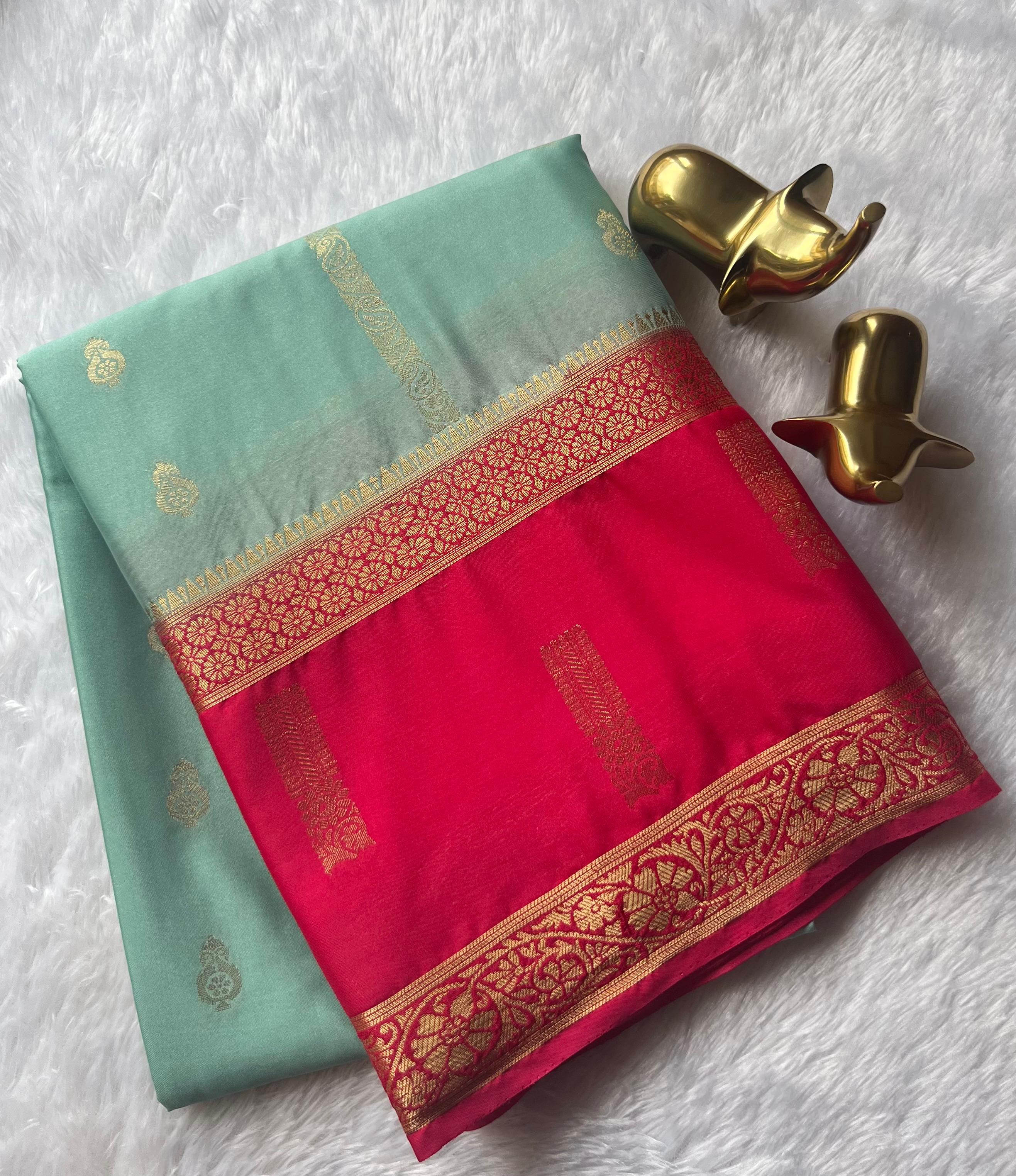 Semi Mysore Silk Mango Butta With Mango Big Strip and Rich Pallu, Washable