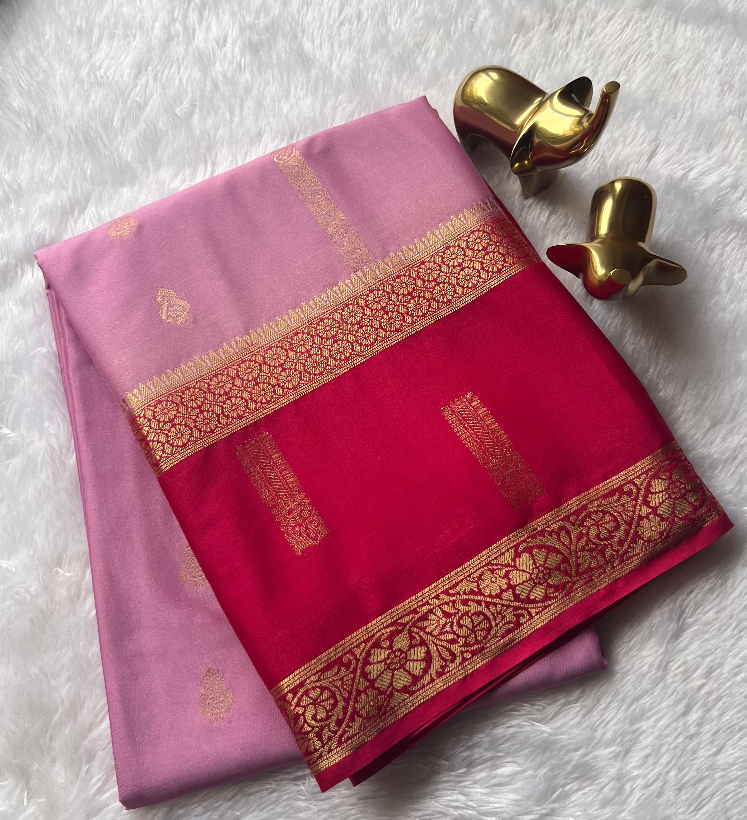 Semi Mysore Silk Mango Butta With Mango Big Strip and Rich Pallu, Washable