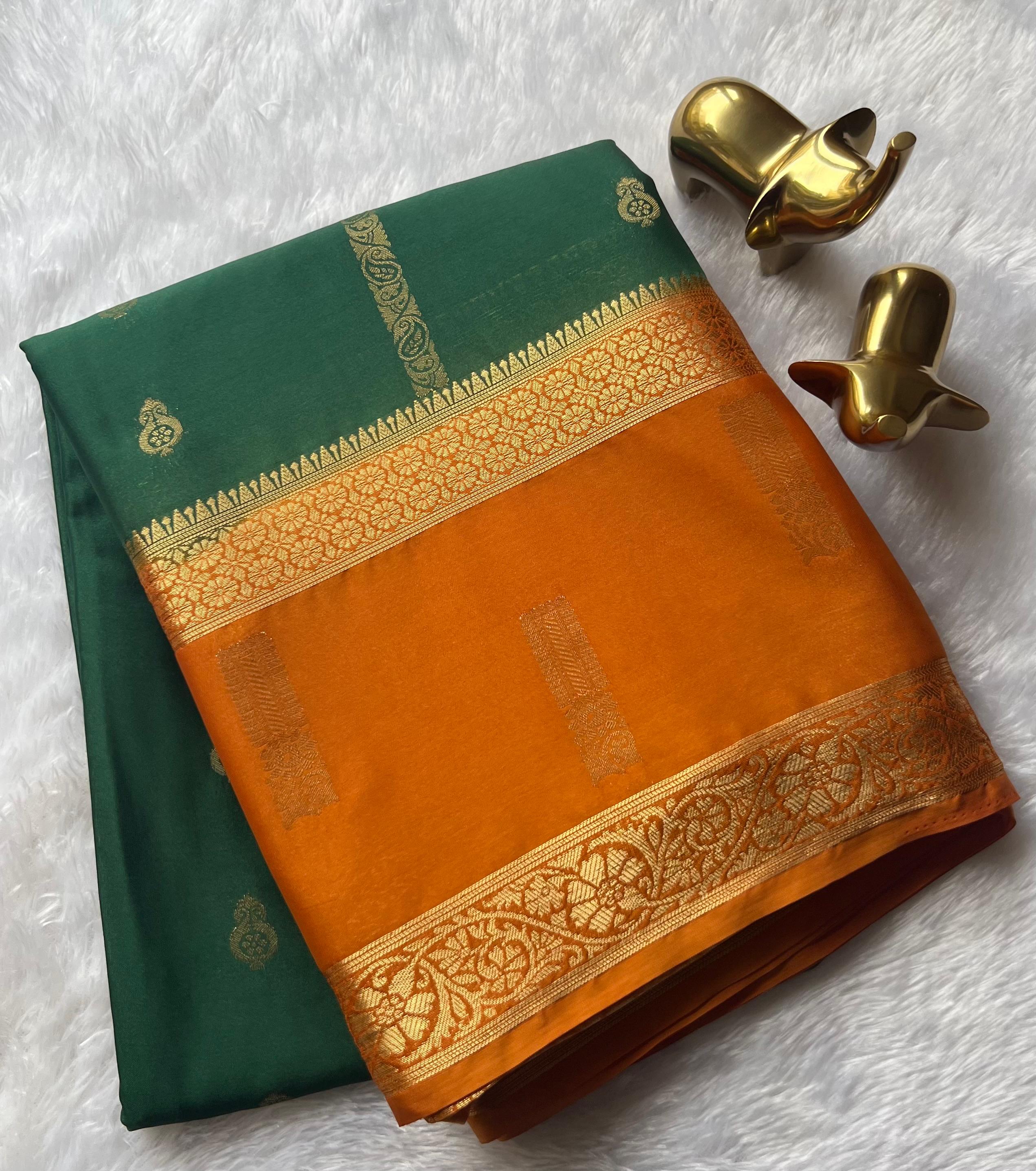 Semi Mysore Silk Mango Butta With Mango Big Strip and Rich Pallu, Washable