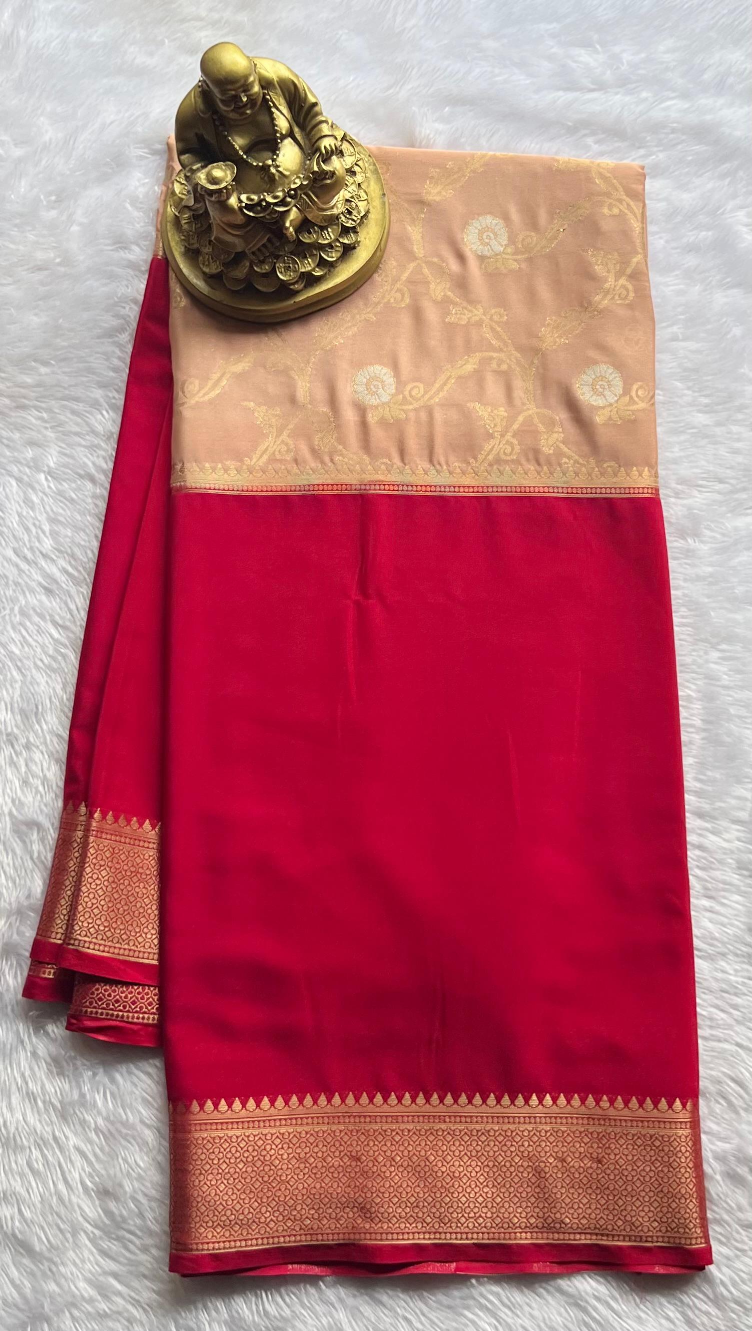 Semi Mysore Silk Double Colour With Gold Flower Desin, Washable