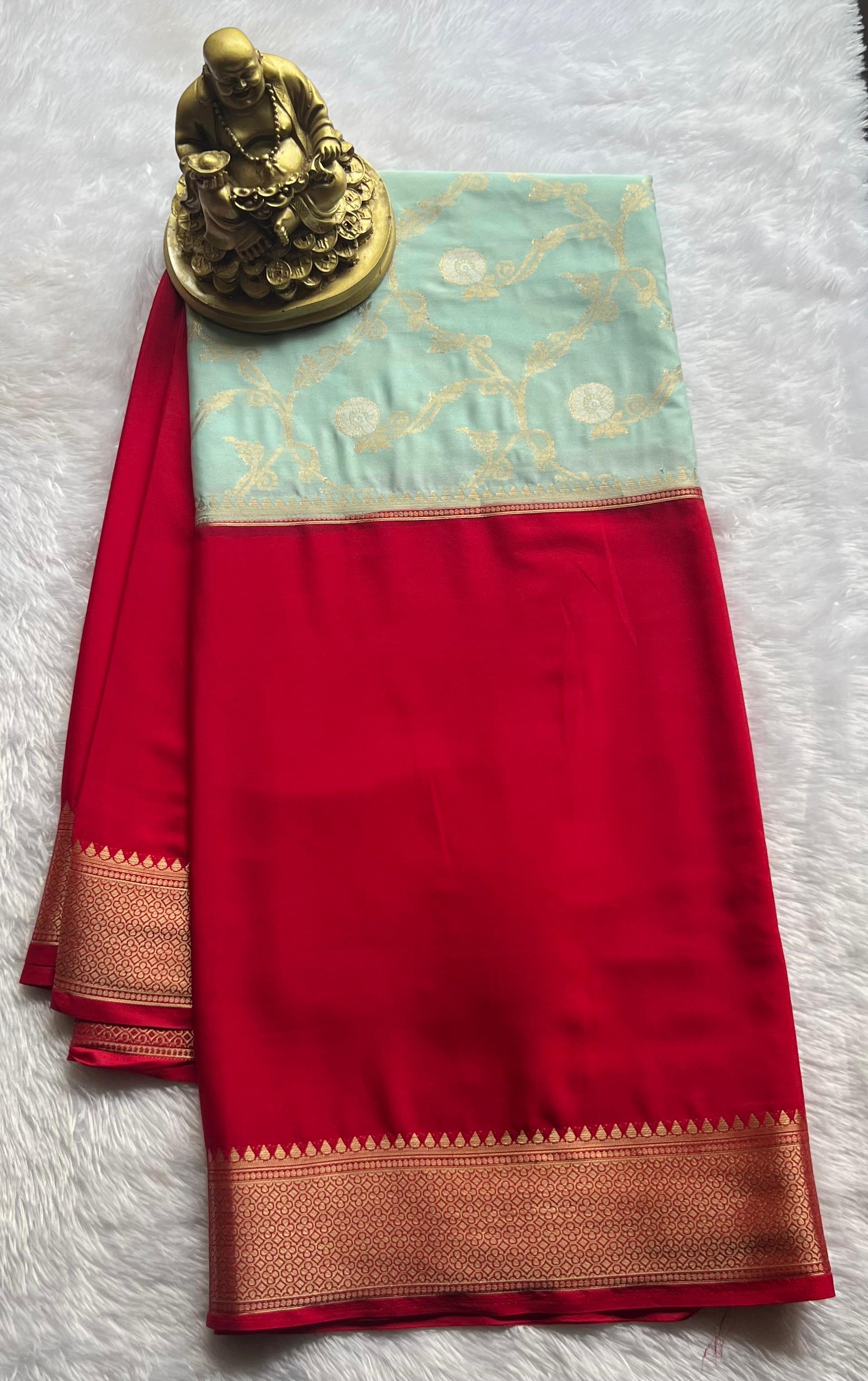 Semi Mysore Silk Double Colour With Gold Flower Desin, Washable