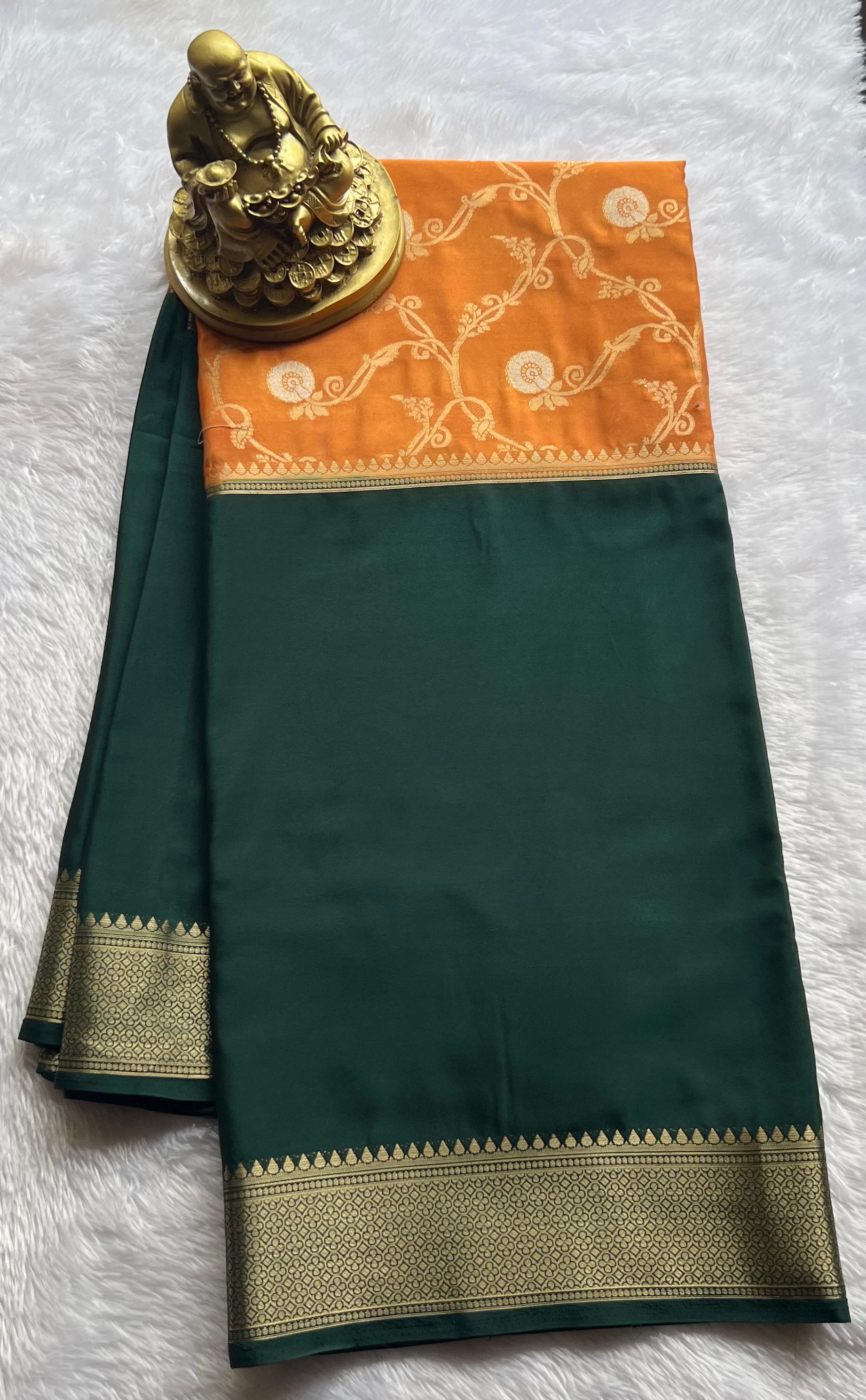 Semi Mysore Silk Double Colour With Gold Flower Desin, Washable
