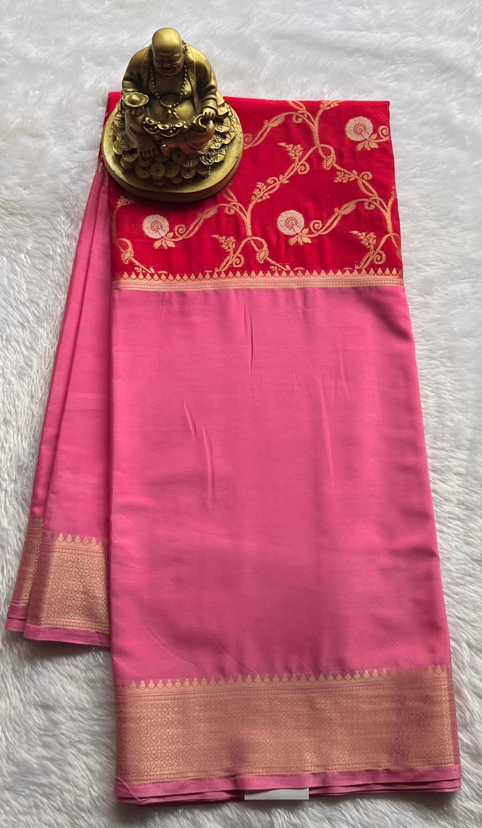 Semi Mysore Silk Double Colour With Gold Flower Desin, Washable