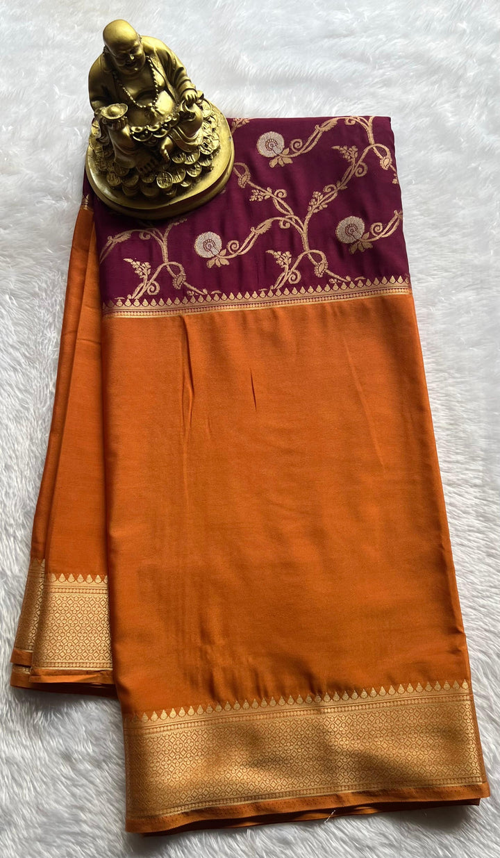 Semi Mysore Silk Double Colour With Gold Flower Desin, Washable