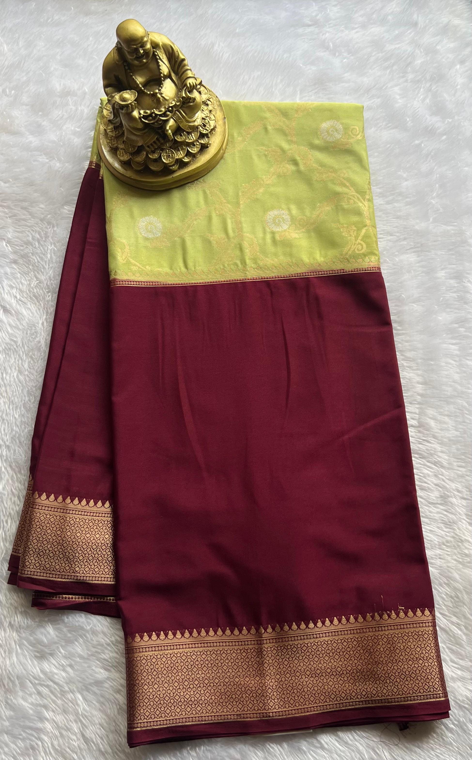 Semi Mysore Silk Double Colour With Gold Flower Desin, Washable
