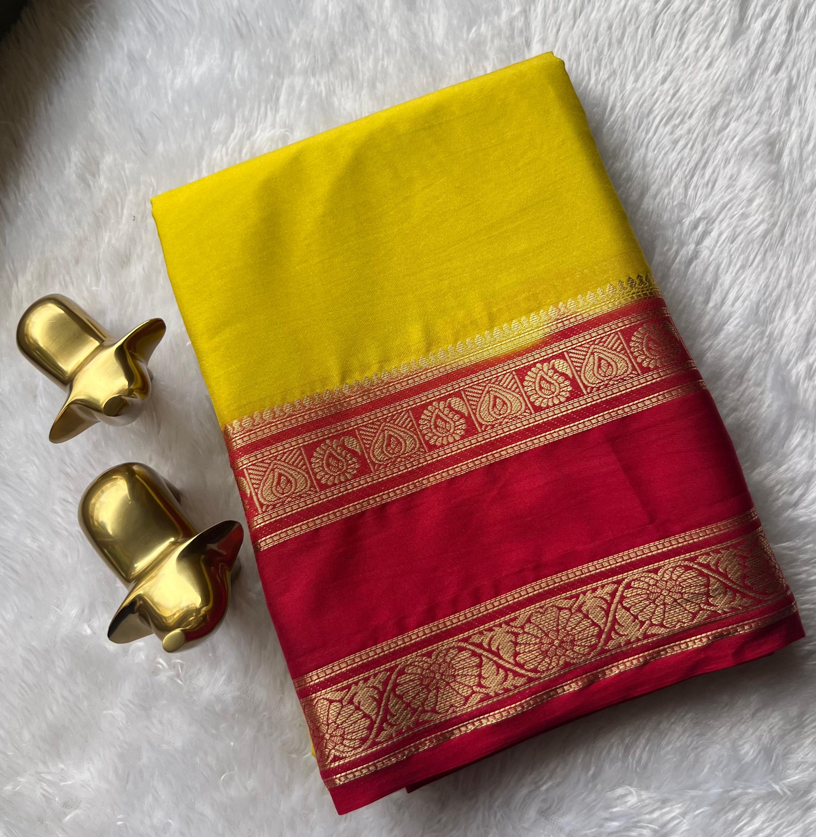 Semi Mysore Silk Plain With Flower Betex Border,Washable