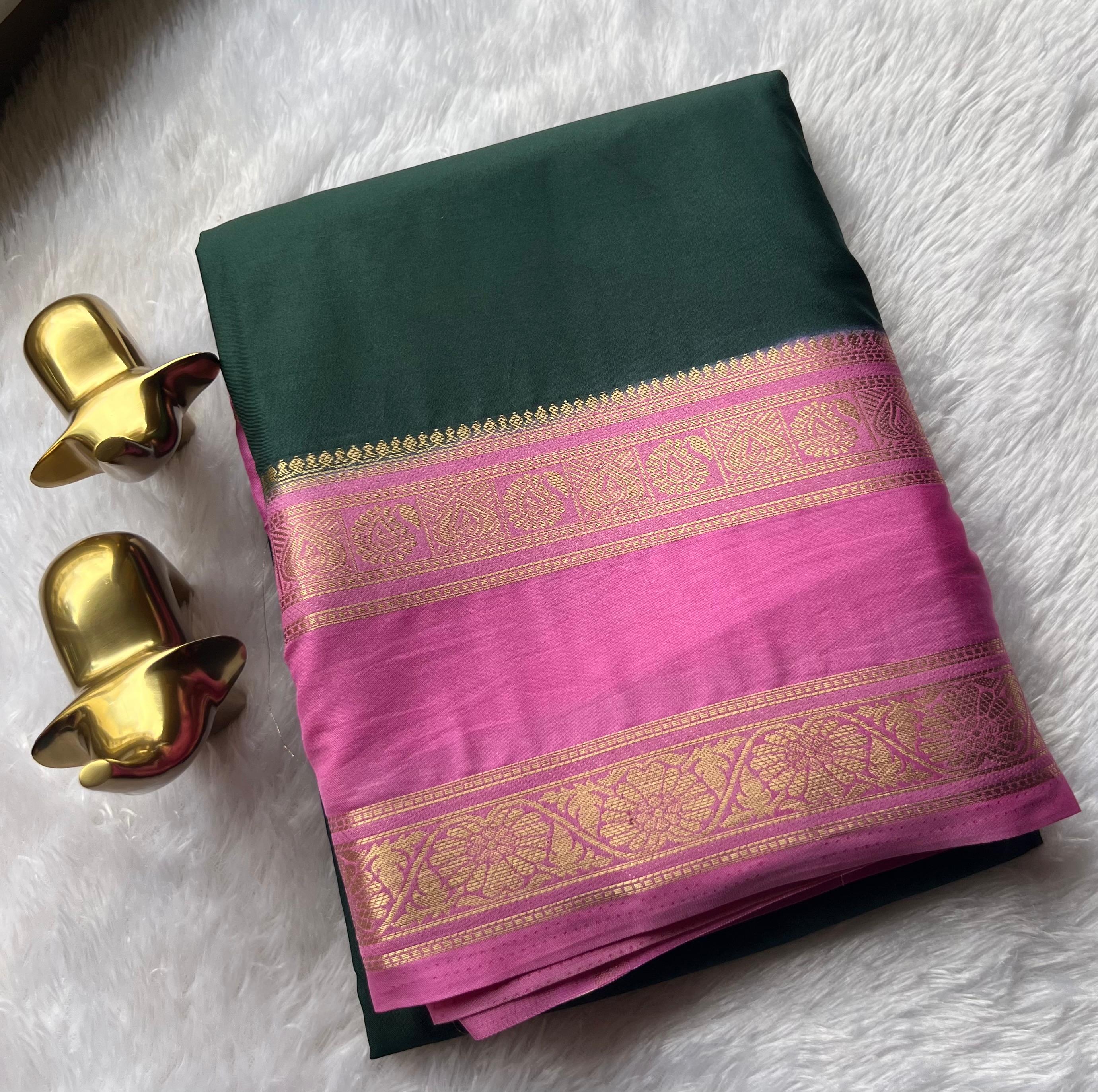 Semi Mysore Silk Plain With Flower Betex Border,Washable