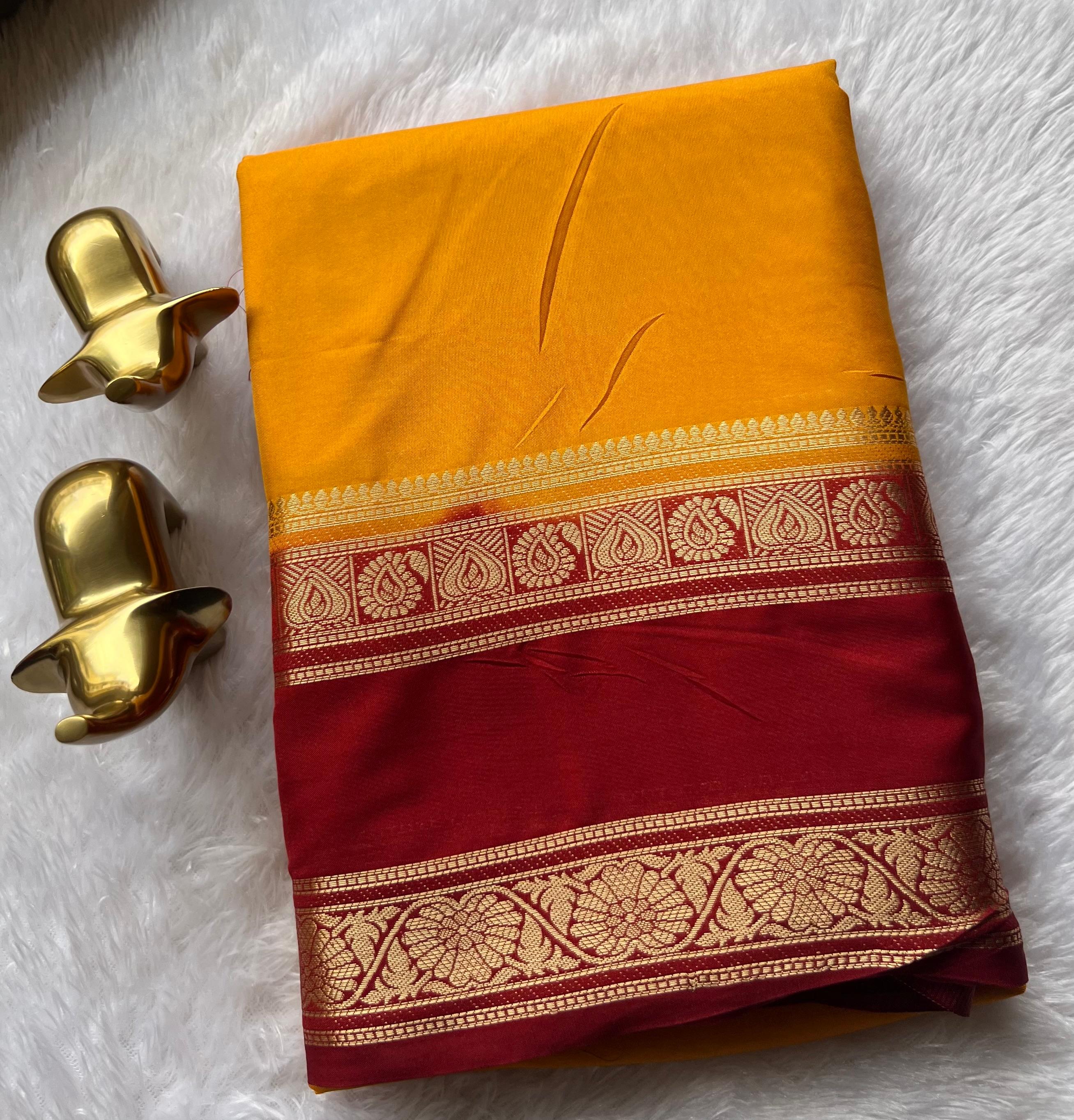 Semi Mysore Silk Plain With Flower Betex Border,Washable