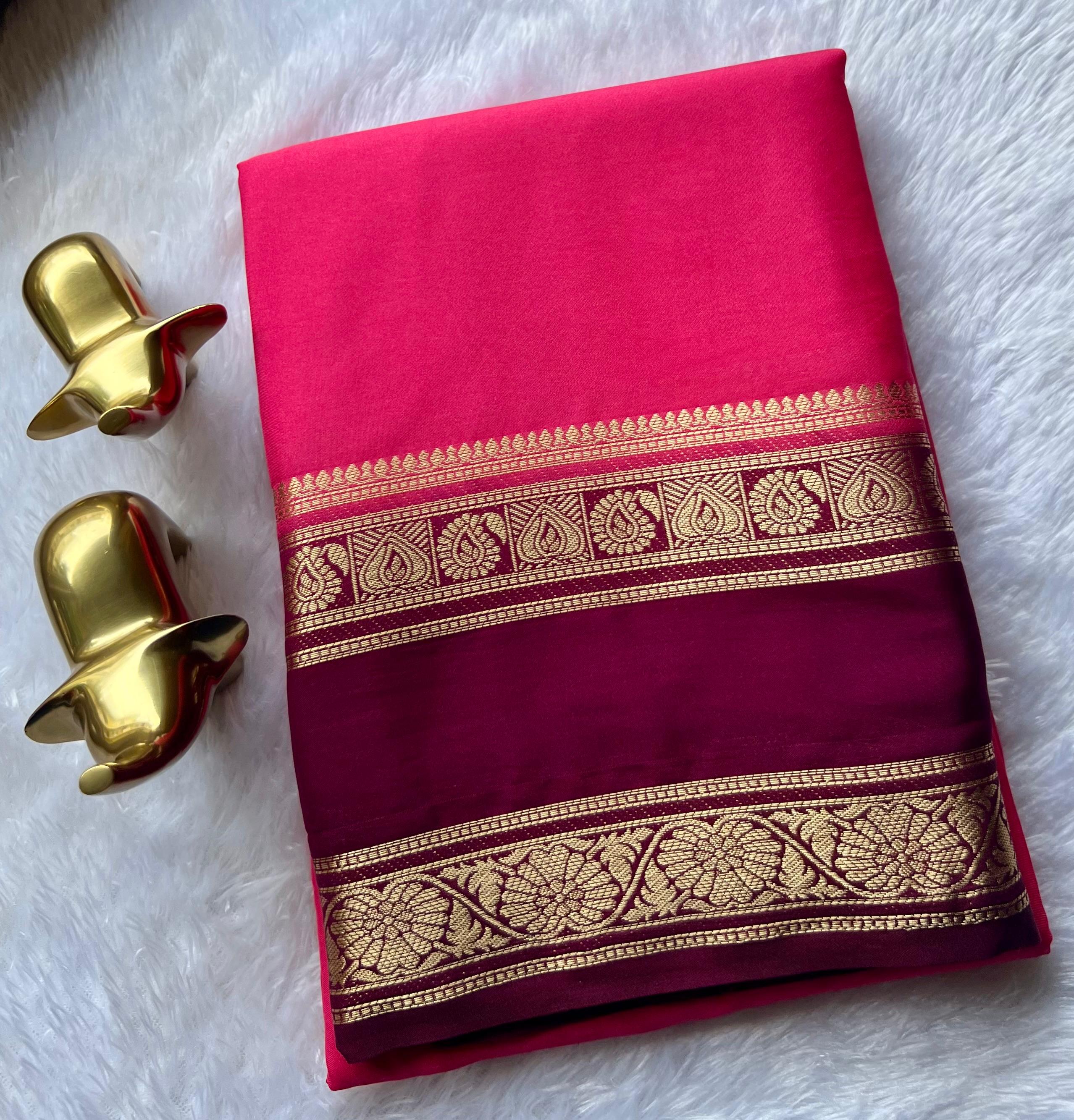 Semi Mysore Silk Plain With Flower Betex Border,Washable