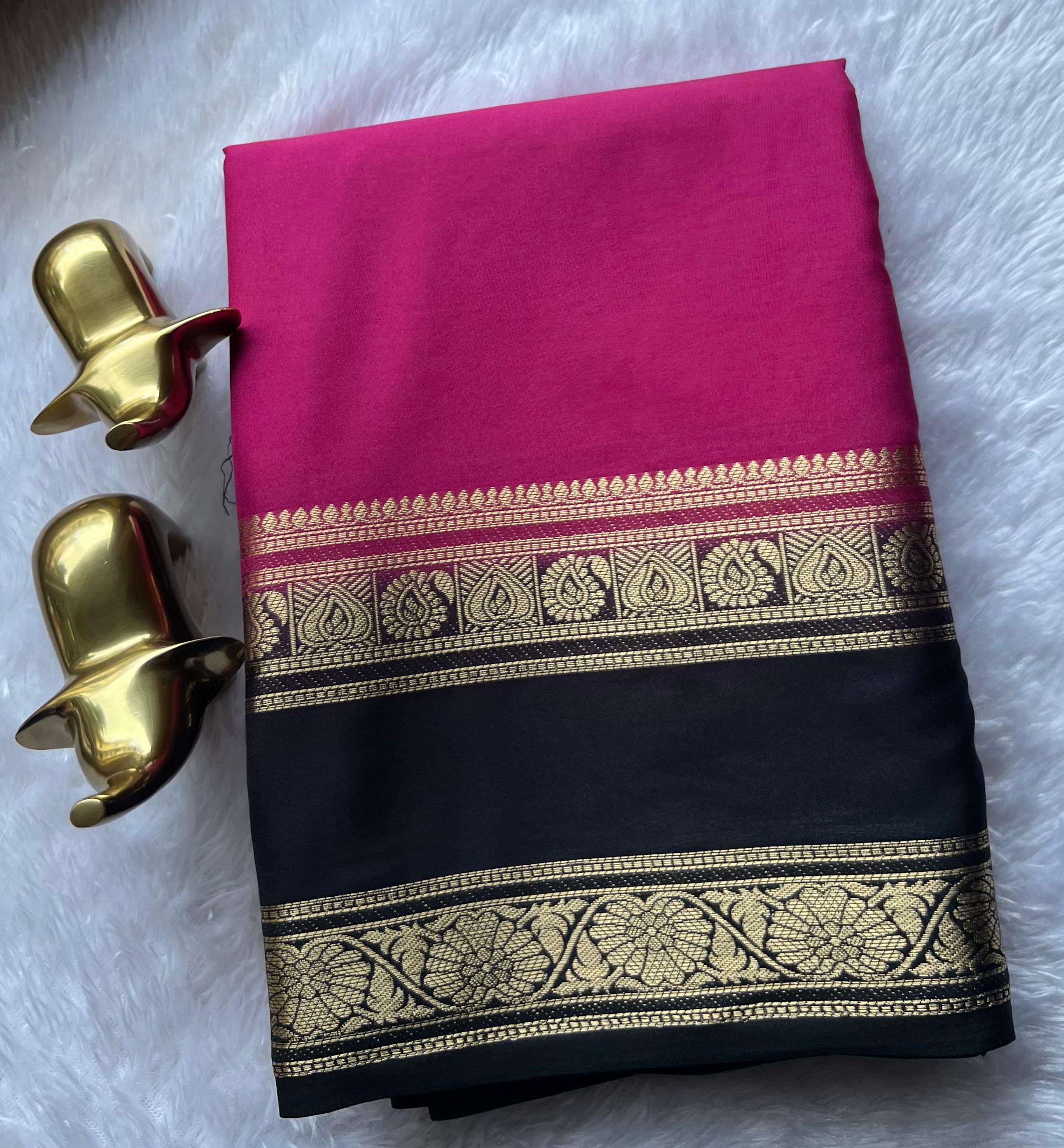 Semi Mysore Silk Plain With Flower Betex Border,Washable