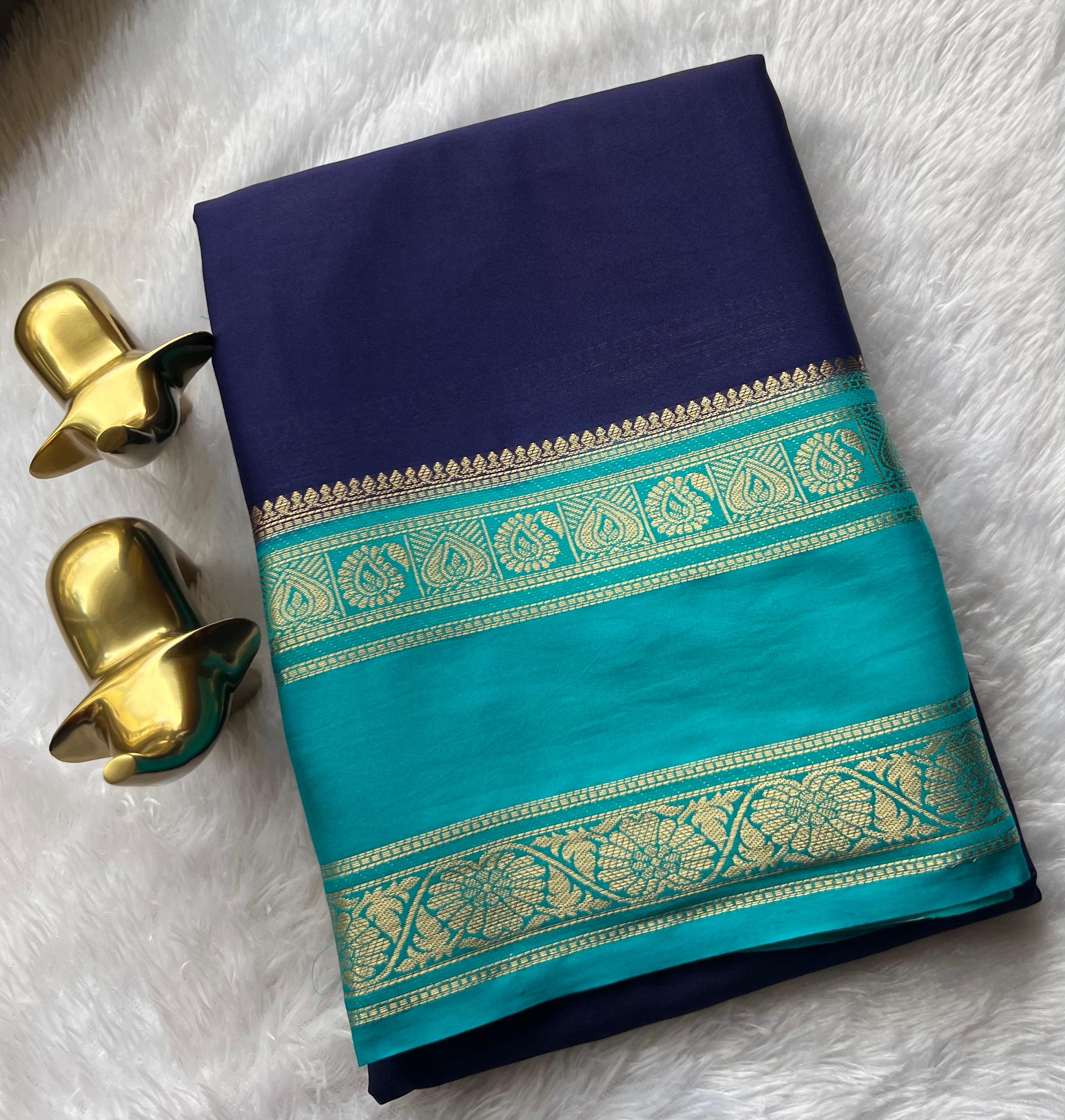 Semi Mysore Silk Plain With Flower Betex Border,Washable