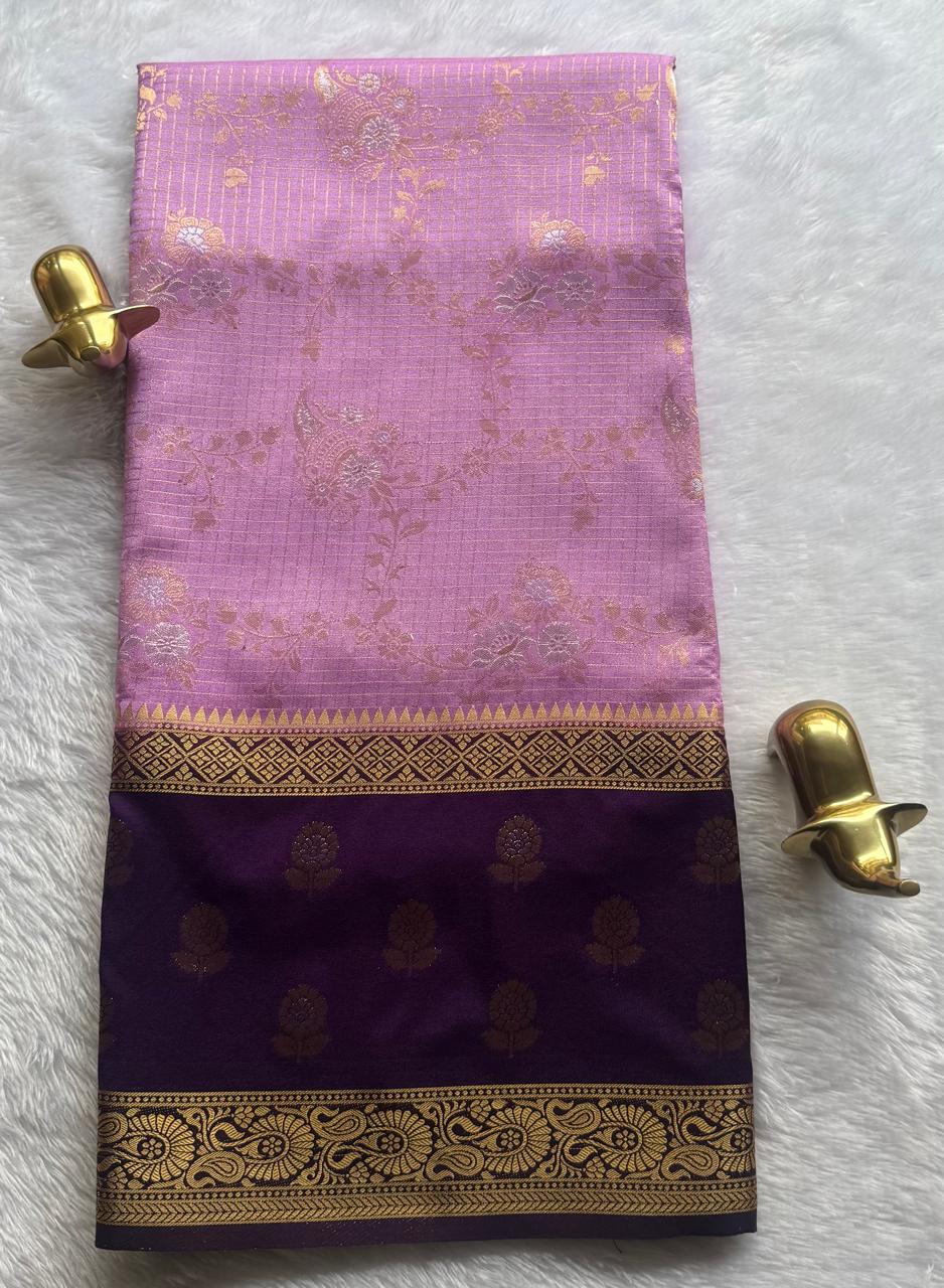 Semi Mysore Silk Gold Zari With Flower Butta Border & Rich Pallu