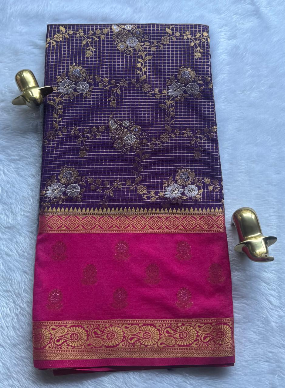 Semi Mysore Silk Gold Zari With Flower Butta Border & Rich Pallu