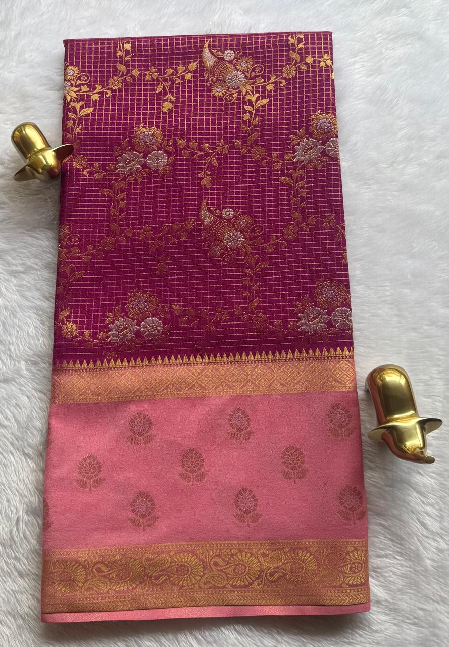 Semi Mysore Silk Gold Zari With Flower Butta Border & Rich Pallu
