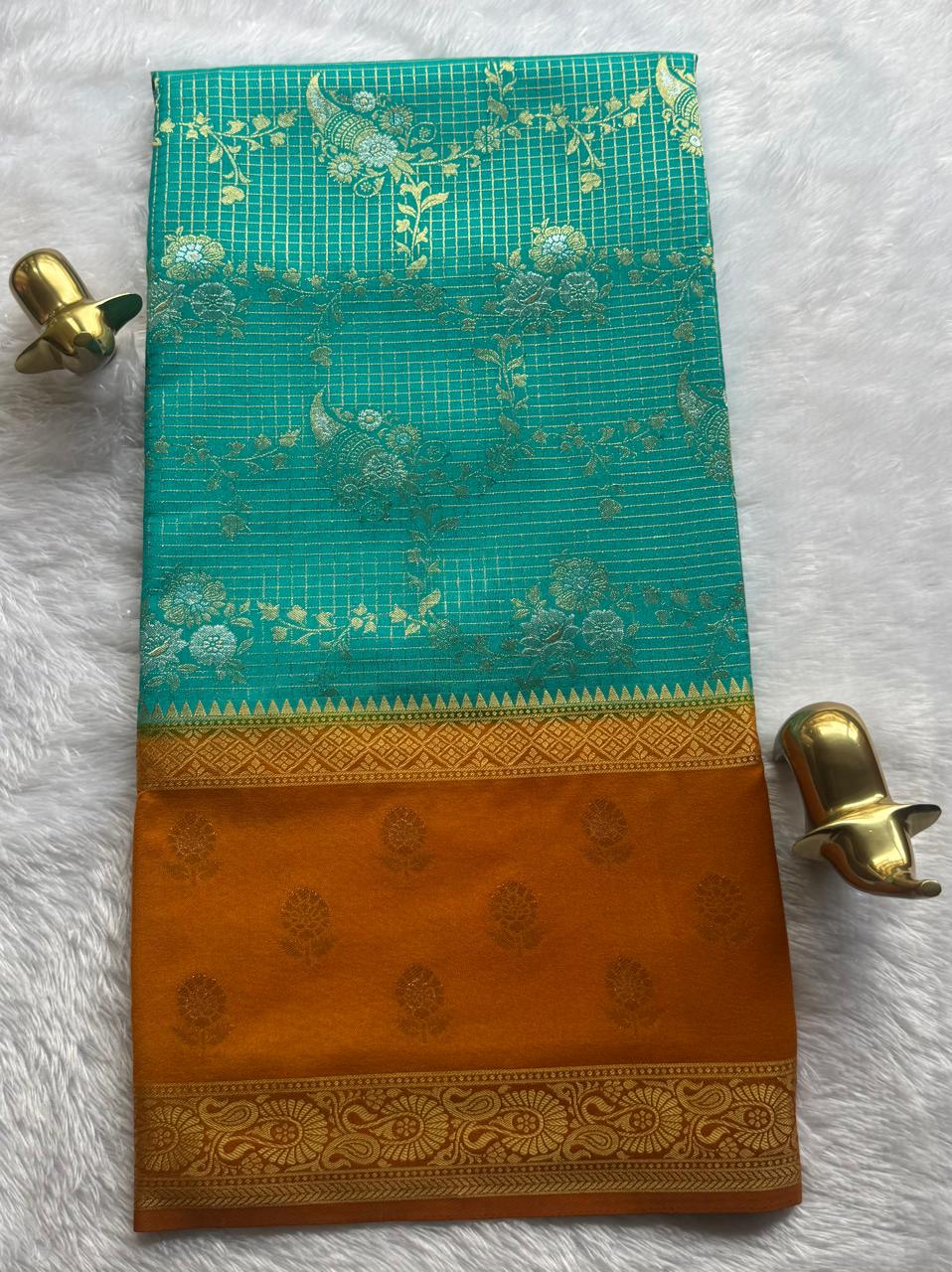 Semi Mysore Silk Gold Zari With Flower Butta Border & Rich Pallu