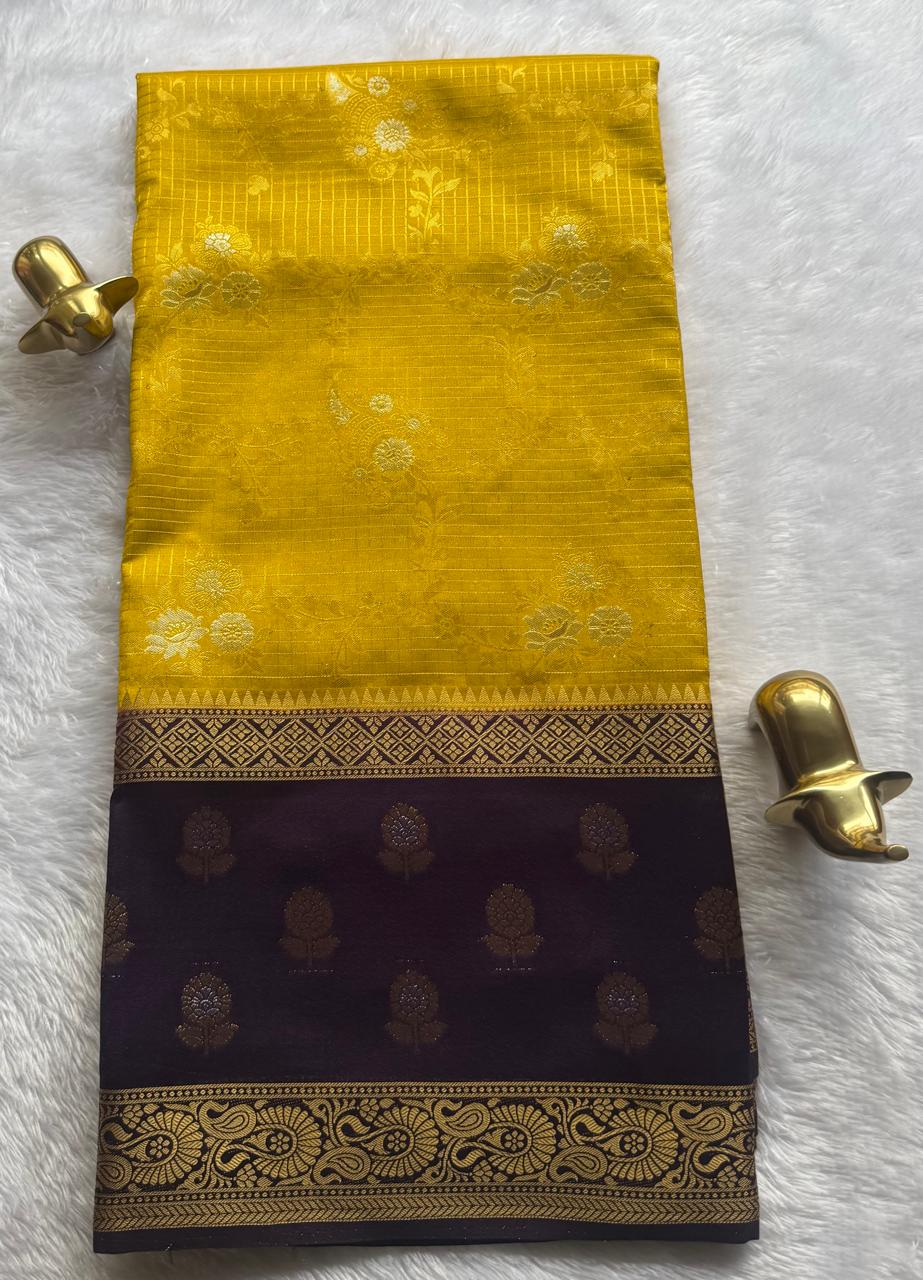Semi Mysore Silk Gold Zari With Flower Butta Border & Rich Pallu