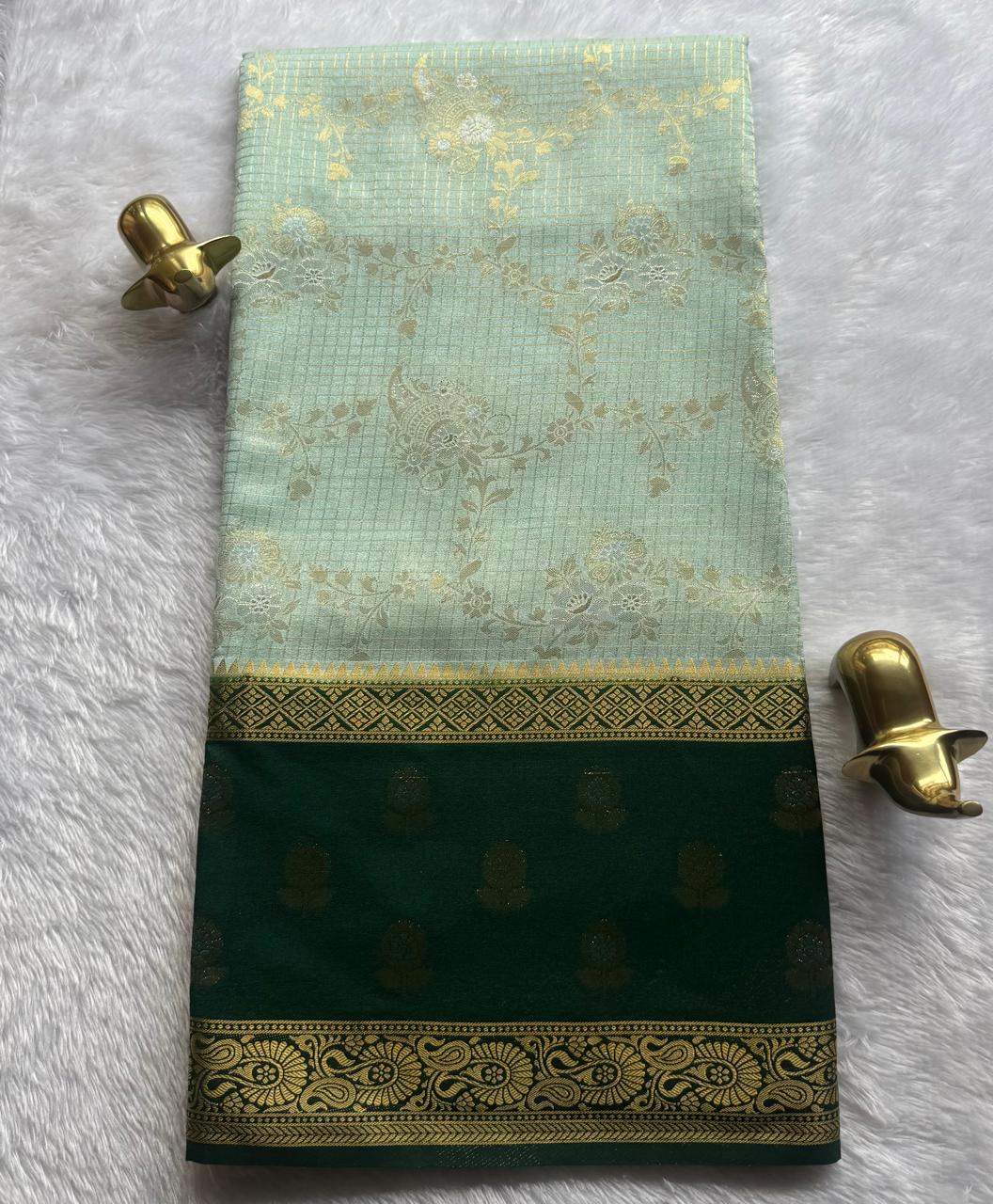 Semi Mysore Silk Gold Zari With Flower Butta Border & Rich Pallu