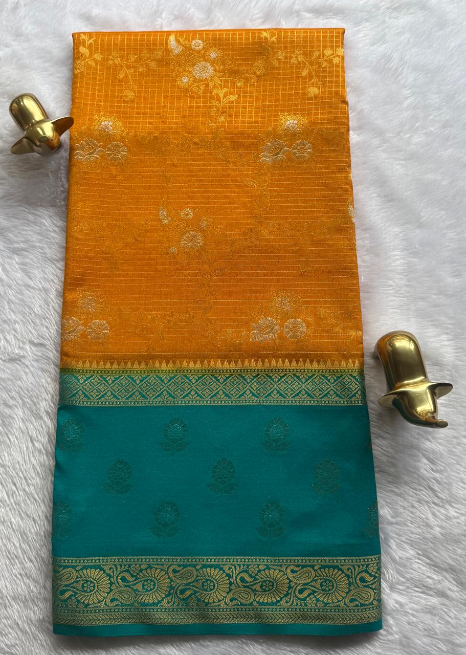 Semi Mysore Silk Gold Zari With Flower Butta Border & Rich Pallu