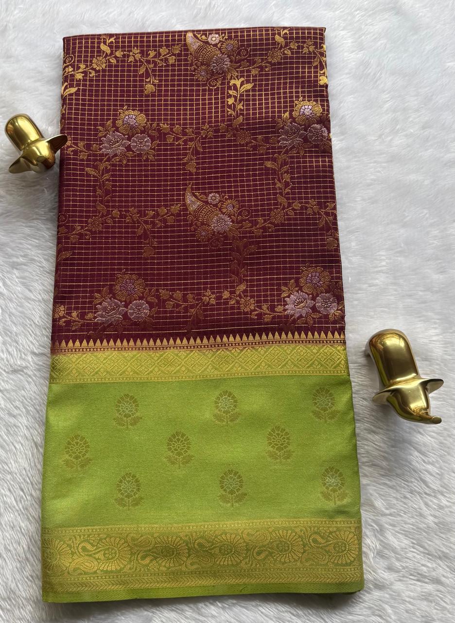 Semi Mysore Silk Gold Zari With Flower Butta Border & Rich Pallu